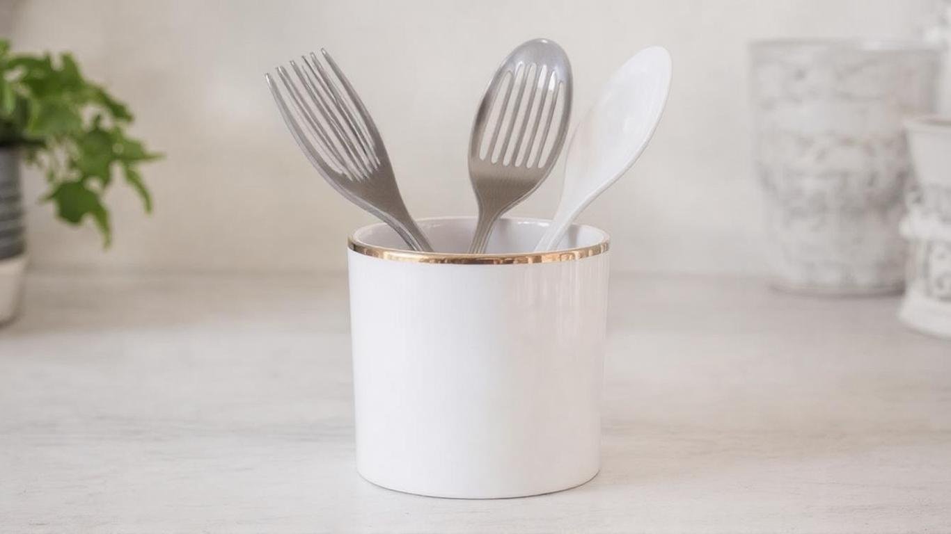 A luxurious white ceramic utensil holder with a gold rim, elegant and modern, perfect for a chic kitchen.