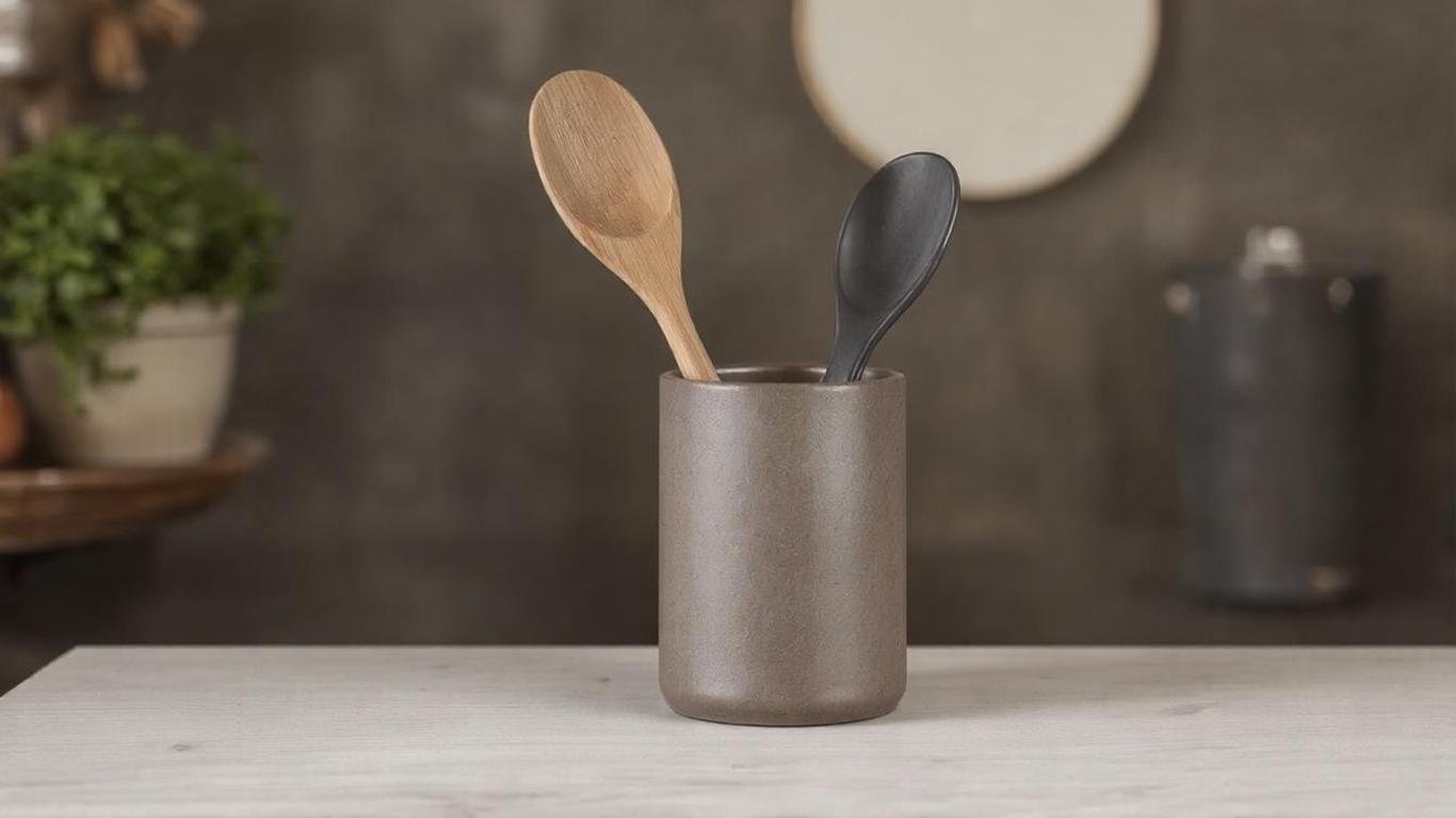 A sleek, modern ceramic utensil holder with a matte finish, minimalist design, ideal for contemporary kitchens.