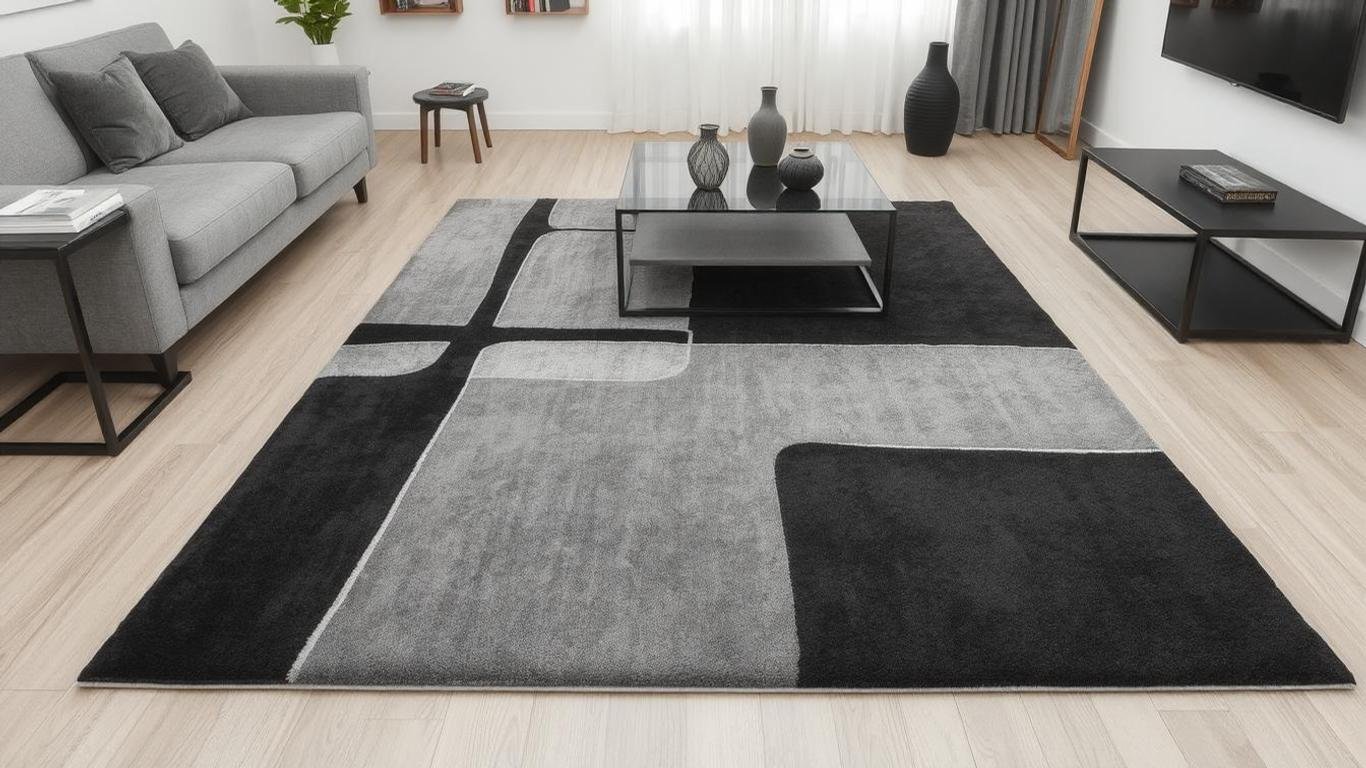 A stylish area rug with a modern black-and-grey abstract design. The rug features a geometric pattern with clean lines and subtle shading, lying elegantly in a contemporary living room. The room has minimalistic decor, a grey sofa, and a sleek black coffee table, enhancing the rug's bold aesthetic.