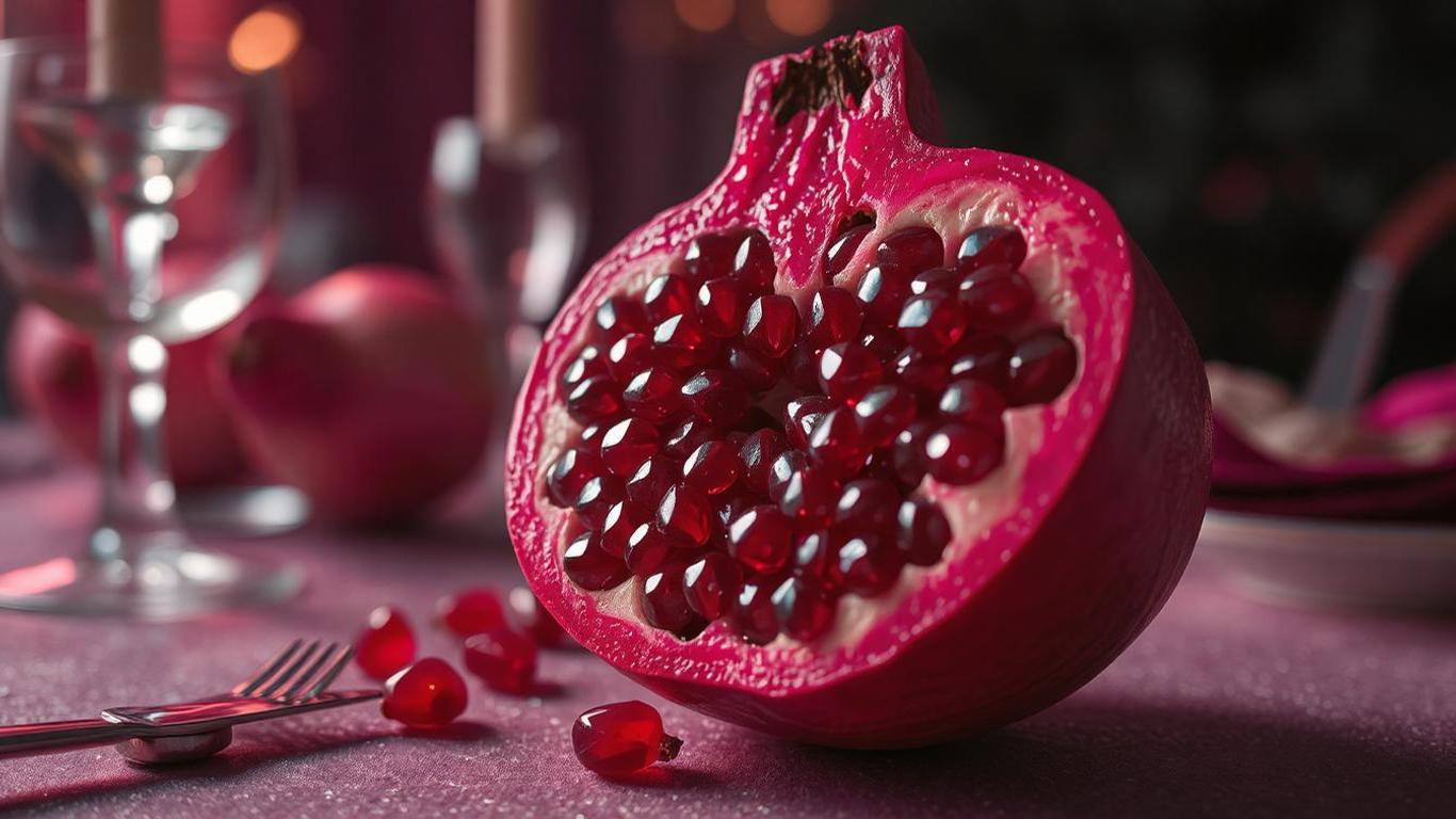 A close-up of a halved pomegranate with its jewel-like seeds glistening, placed on a festive dining table with elegant decor.