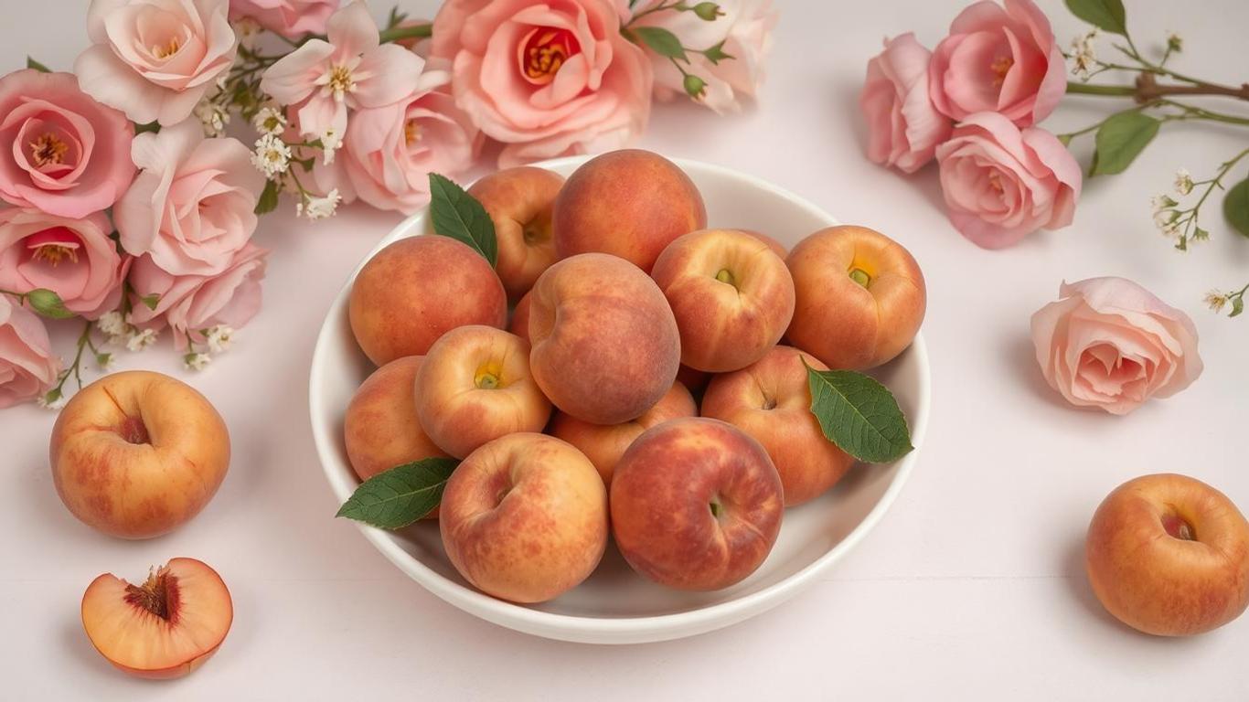 A bowl of fresh peaches arranged on a dessert table with soft floral decor, representing longevity and love for the New Year.