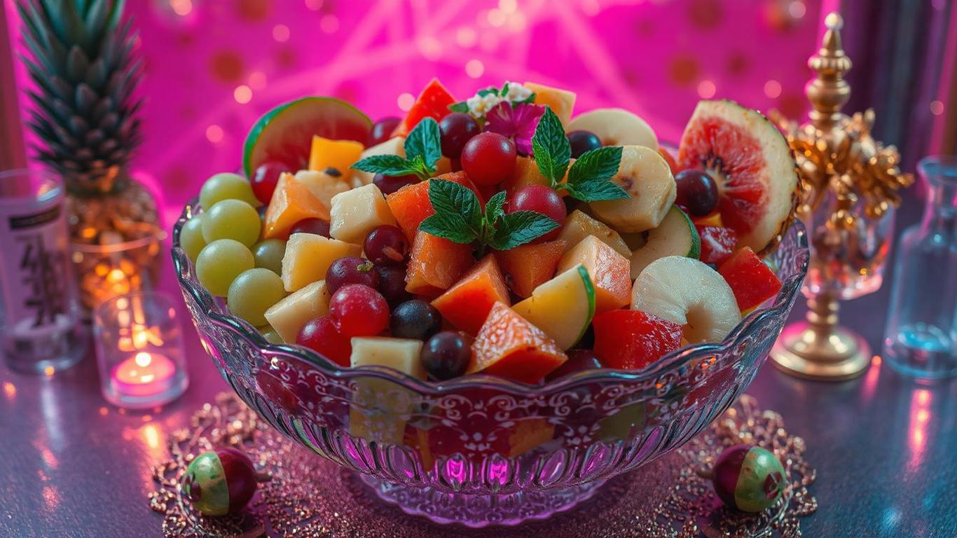 A beautifully crafted fruit salad featuring vibrant grapes, apples, oranges, pineapples, pomegranate seeds, banana slices, watermelon cubes, lemon zest, mango chunks, papaya slices, peach wedges, and avocado slices. The salad is arranged in an ornate crystal bowl, garnished with fresh mint leaves and edible flowers, placed on a festive New Year’s table with glowing lights, golden decorations, and a celebratory backdrop || 12 Fruits for New Year 2025: Symbolism, Luck, and Festive Ideas