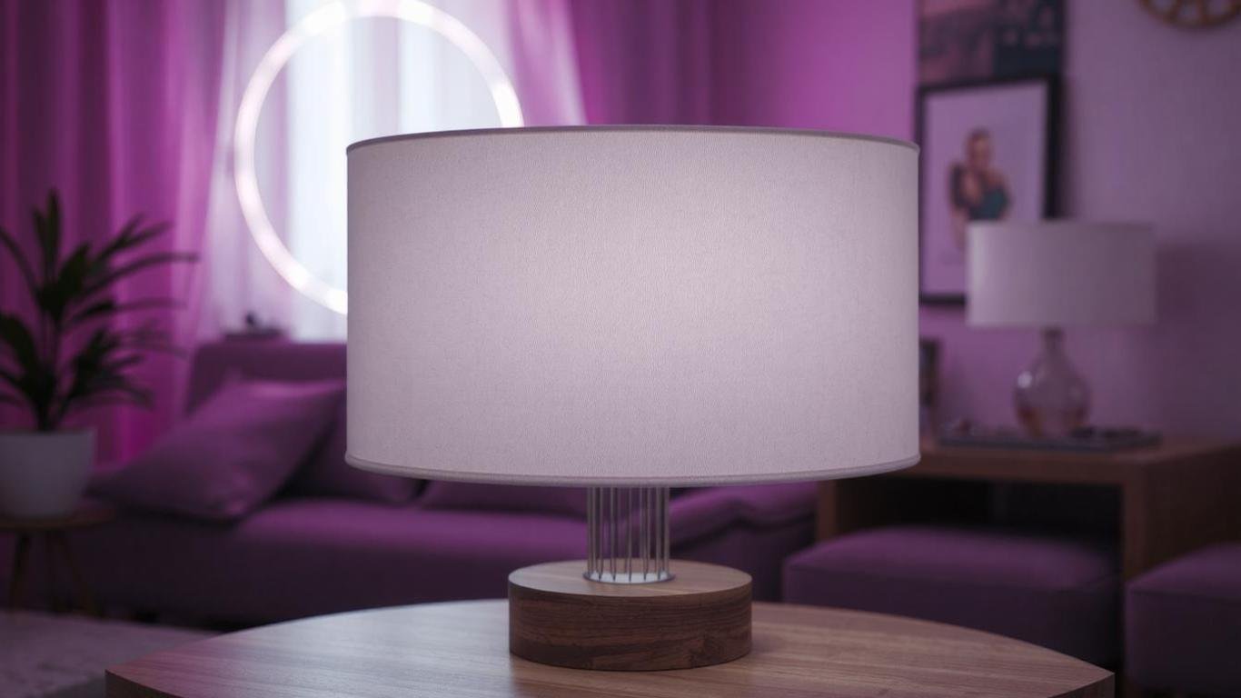 A clean, minimalistic white drum-shaped lamp shade, made of soft fabric, placed on a modern wooden table lamp in a cozy living room setting.