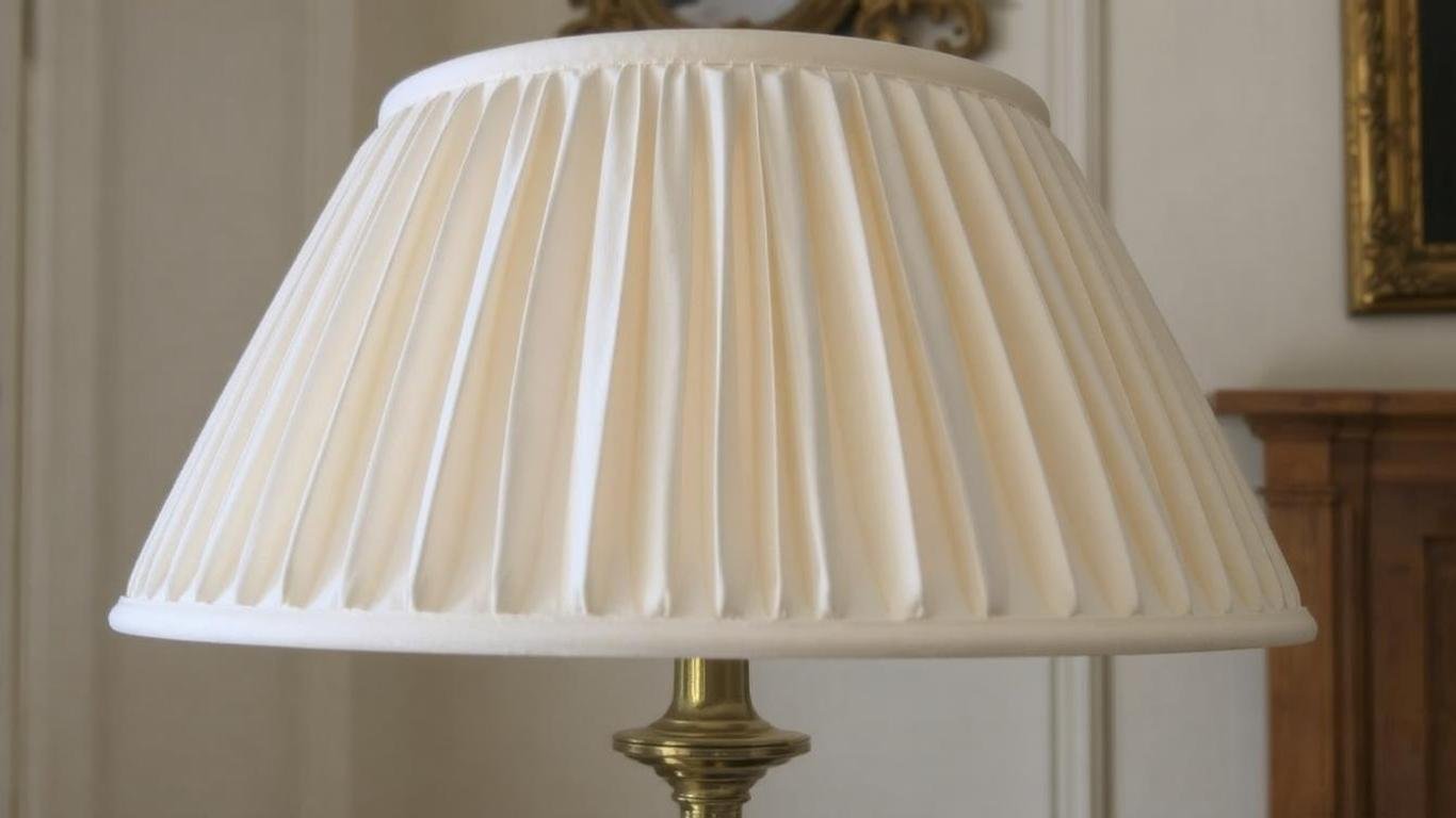 A soft cream-colored pleated silk lamp shade, with an elegant finish, paired with a polished brass base in a classic Victorian-style room.