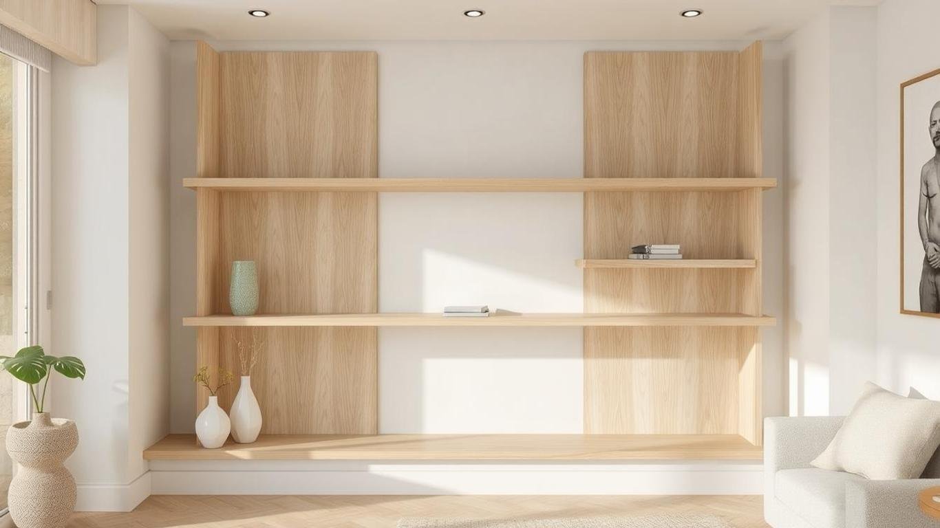 Illustration of minimalist wooden corner floating shelves, featuring sleek light wood panels arranged in a clean, Scandinavian-style living room with neutral-toned decor and soft natural lighting.