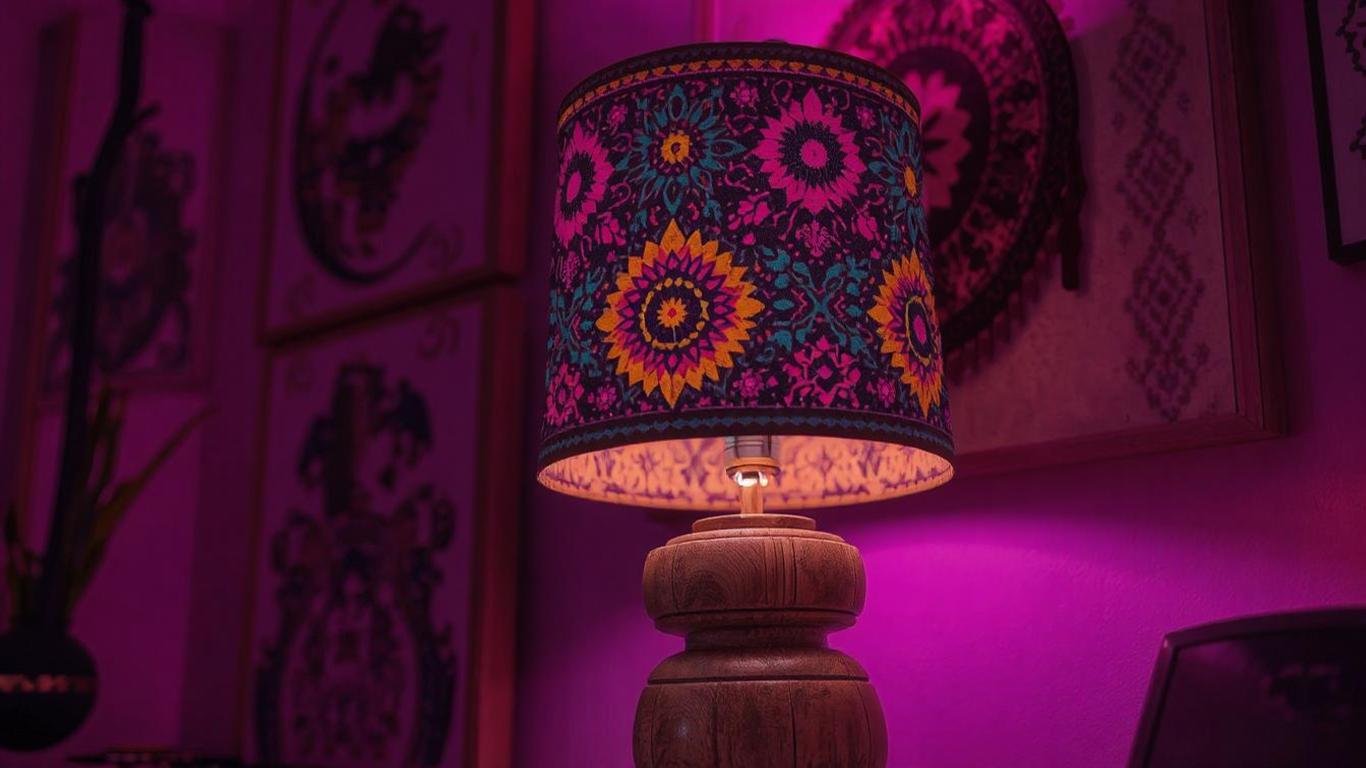 A boho-inspired lamp shade with colorful patterns in warm tones, set on a handcrafted wooden lamp base in a bohemian-style room.