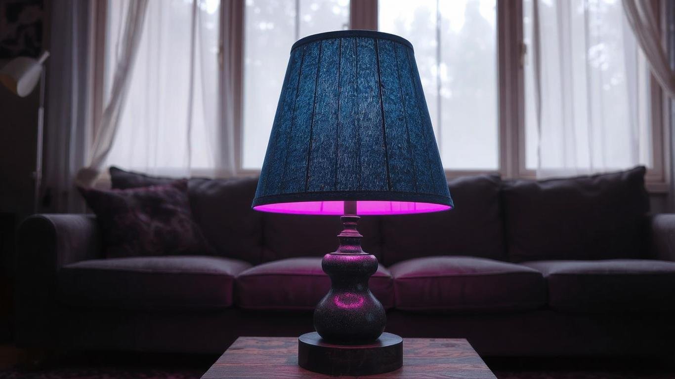 A unique blue denim-textured tapered lamp shade on a dark wooden base, set in a casual, rustic-style living room.