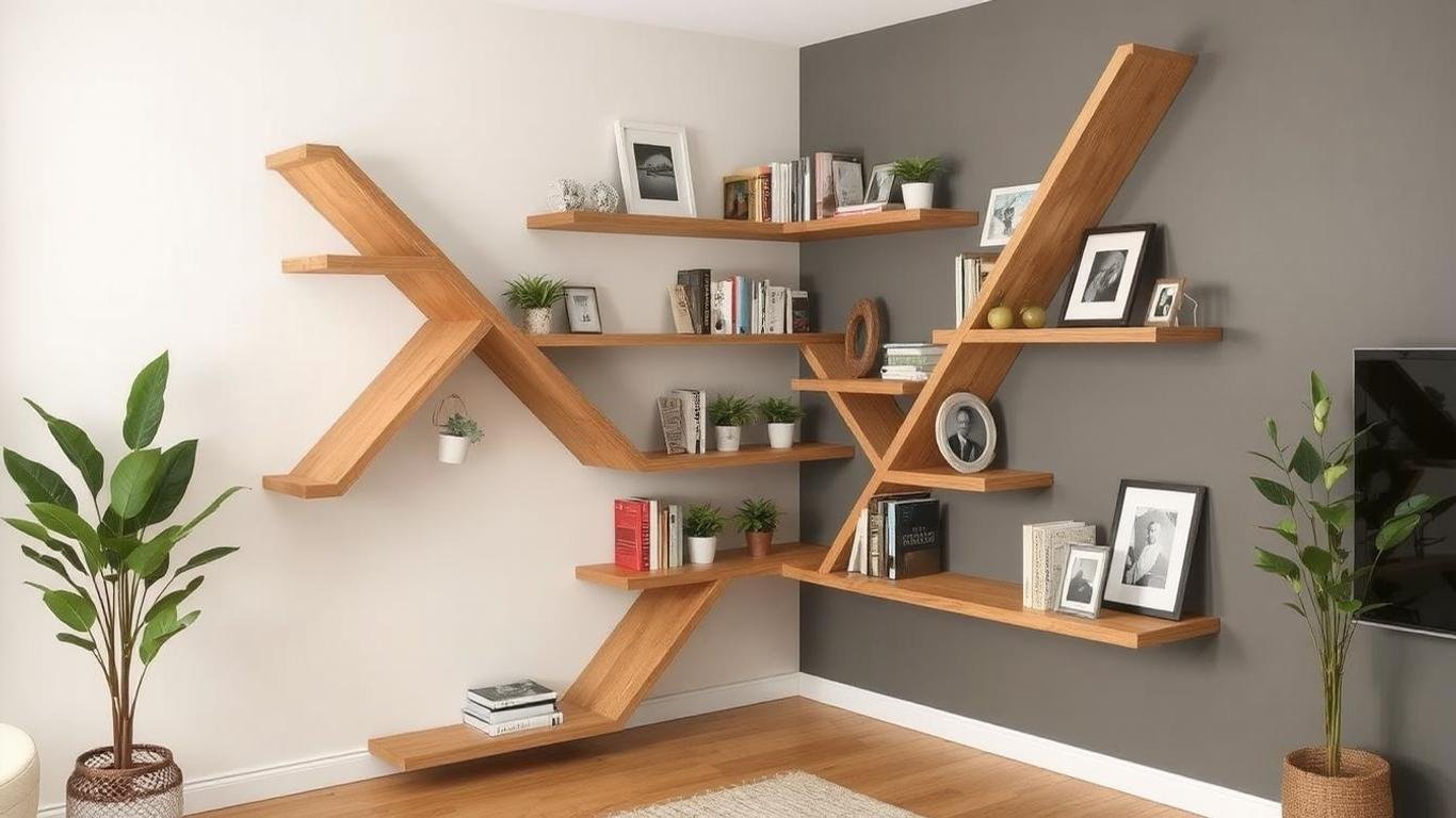 A dynamic zig-zag corner shelf design with alternating wooden platforms, decorated with books, picture frames, and small potted plants, set in a contemporary living room.