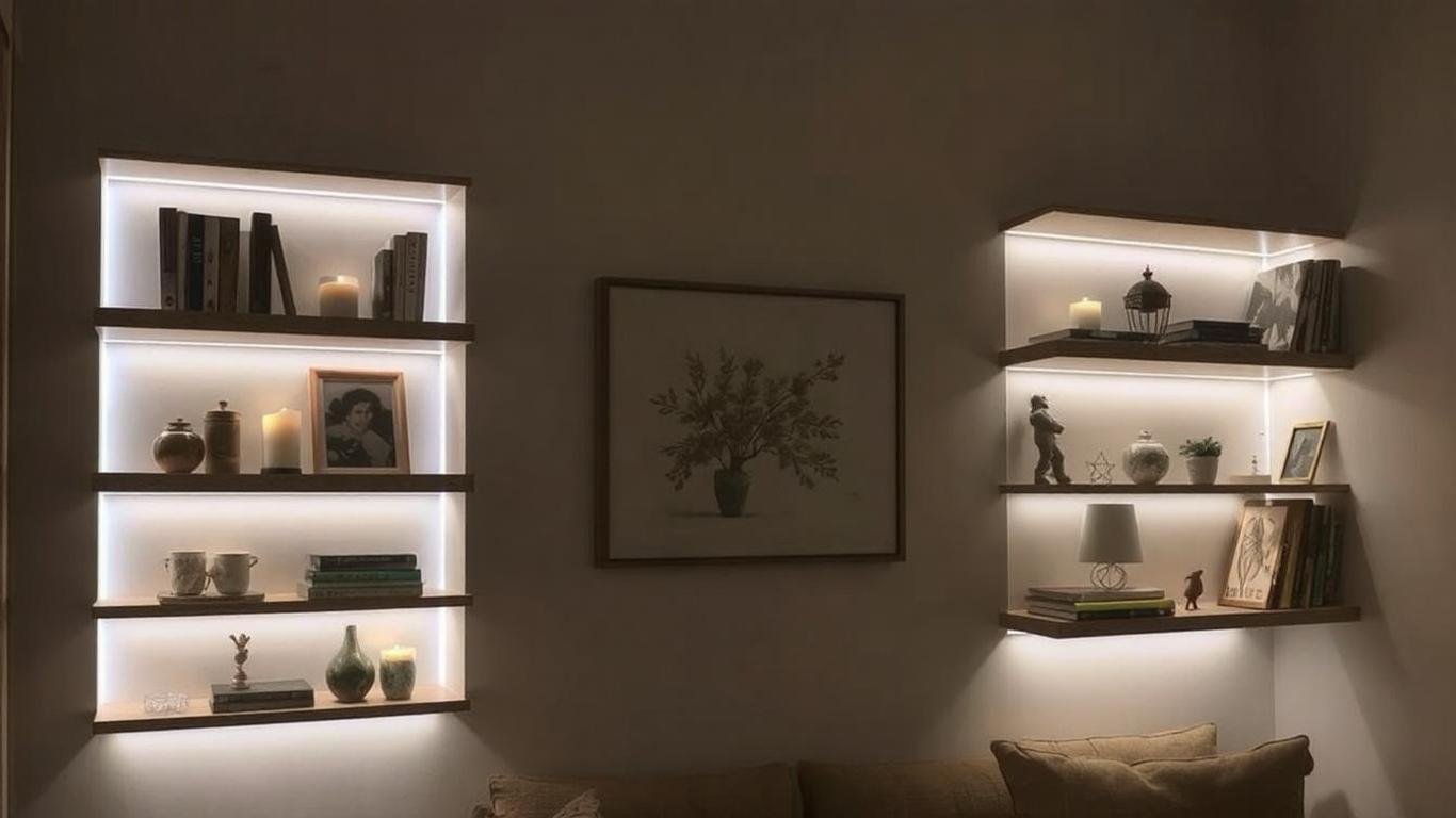 Corner shelves with integrated LED lighting, softly illuminating decorative items like candles, figurines, and books, creating a cozy ambiance in a dimly lit modern living room.