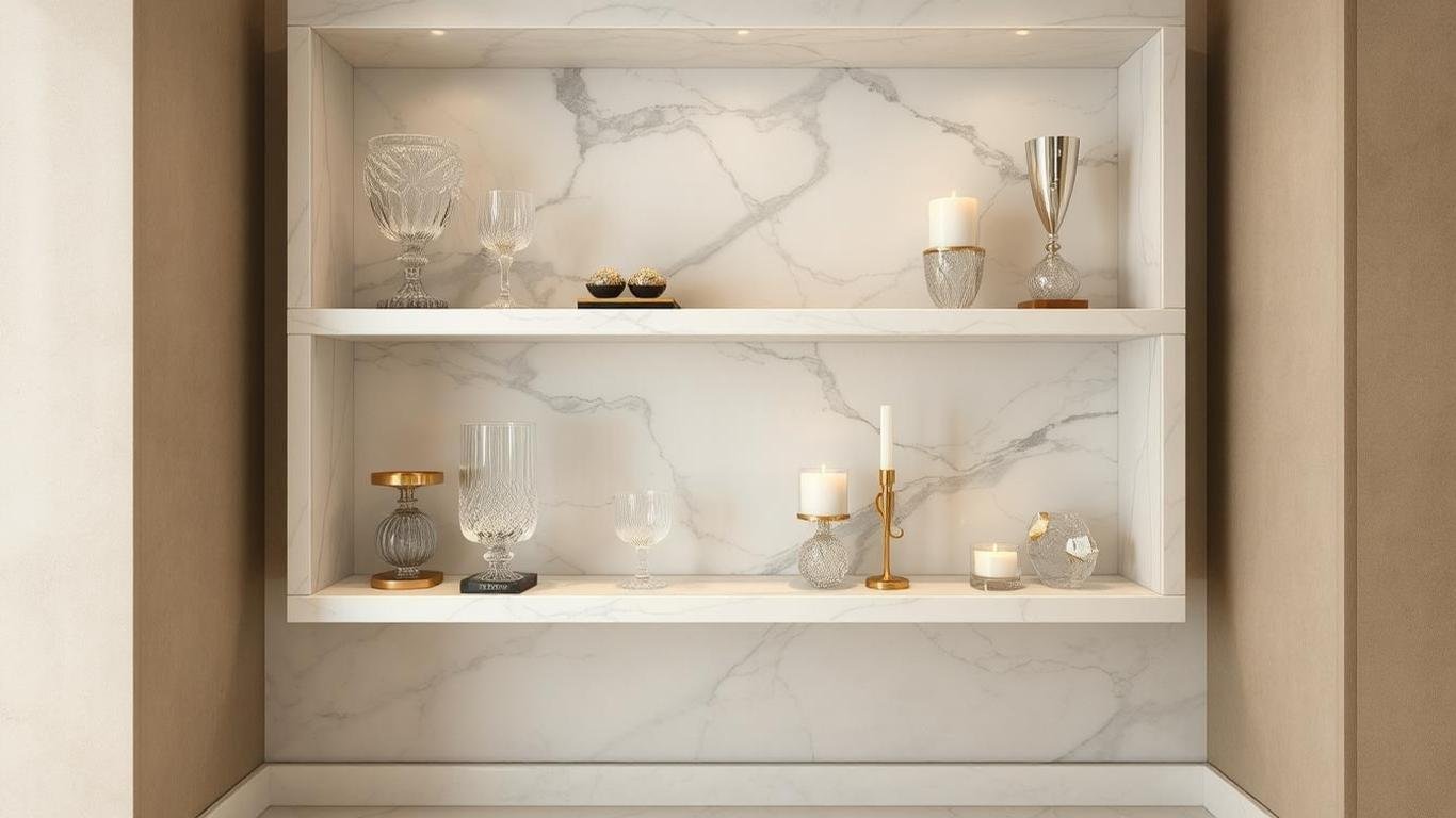 Luxurious marble corner floating shelves in a high-end interior, displaying elegant decor such as crystal vases, candles, and gold accents, against a polished, neutral wall.