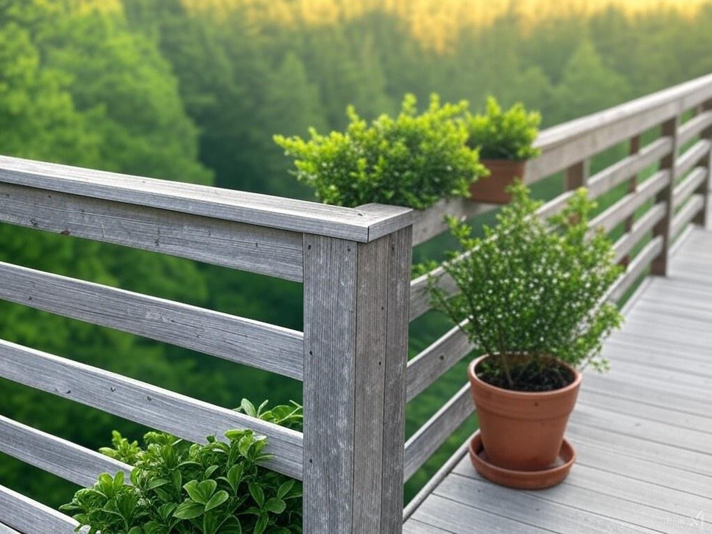 A rustic yet modern wooden railing design with horizontal timber slats. The balcony overlooks a forested area, with a natural wooden floor, and potted plants accentuating the eco-friendly vibe.