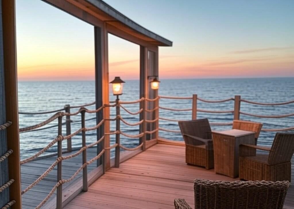 A balcony overlooking the ocean, featuring rope railings with a weathered wooden frame. The ropes are thick and sturdy, evoking a nautical charm, complemented by cozy outdoor seating and lantern-style lights.