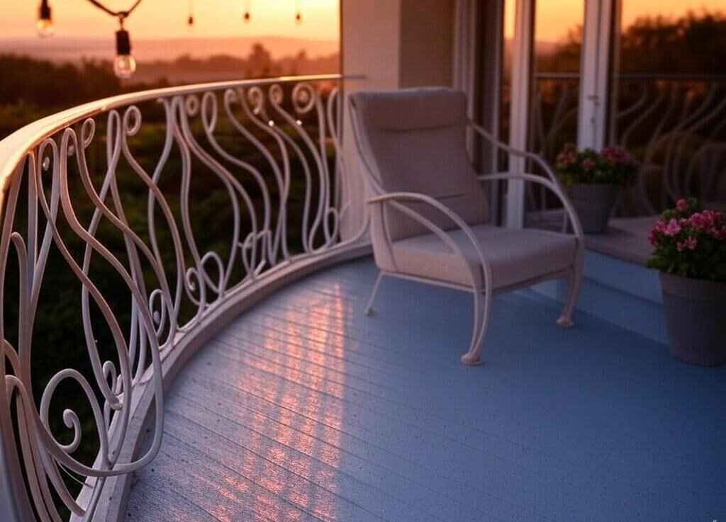 A gracefully curved balcony railing crafted from wrought iron with soft, flowing designs. The railings are painted white, giving a romantic vibe, complemented by a cozy balcony setup with outdoor lights and flowers.