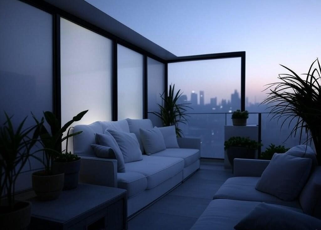 A chic balcony featuring frosted glass panels framed by matte black metal. The design ensures privacy while allowing light to pass through, with a stylish seating area and potted greenery.