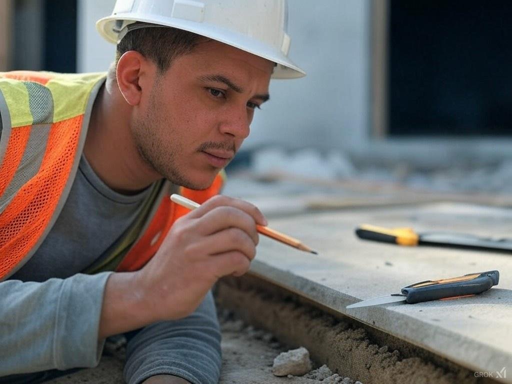 Wall Expansion Joint Covers || A close-up of a person marking precise measurements on an expansion joint cover with a pencil, alongside a utility knife and saw ready for cutting