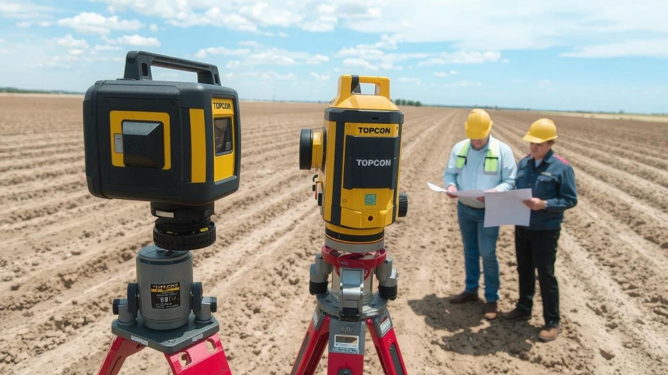 A professional Topcon RL-200 2S laser projecting dual sloping beams across a vast graded field, with engineers inspecting the site using detailed plans.