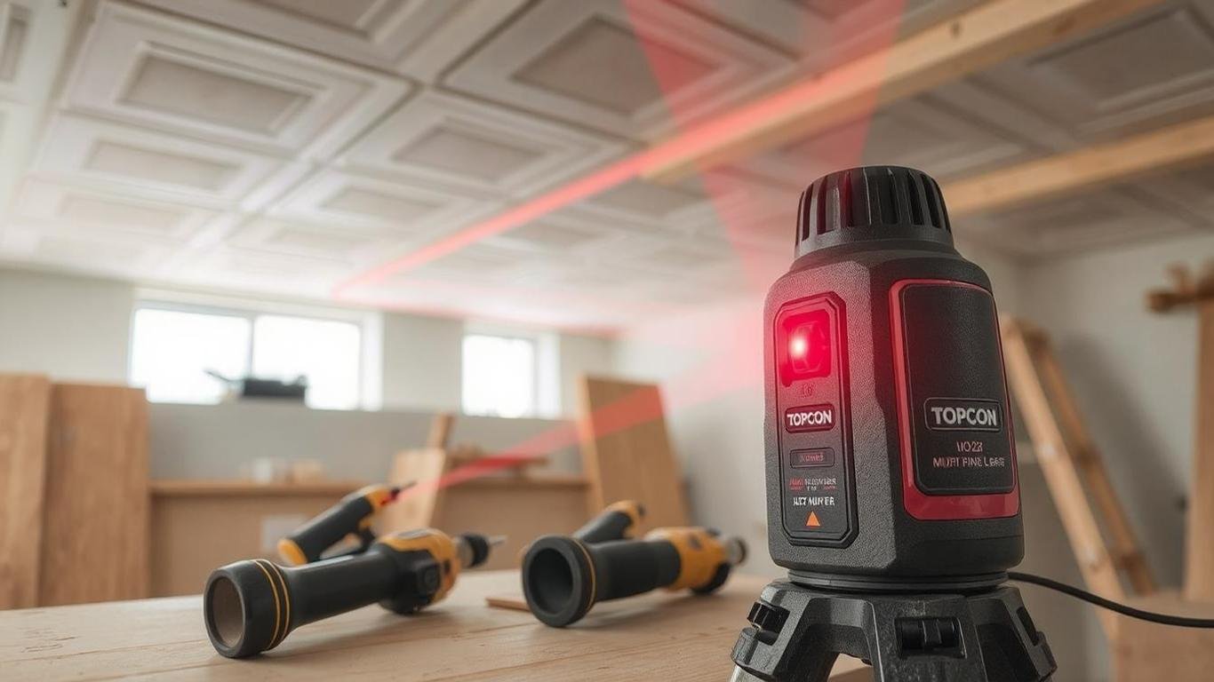 The versatile Topcon RL-SV2S laser projecting red beams indoors, helping with ceiling tile alignment while construction tools rest on a nearby workbench.