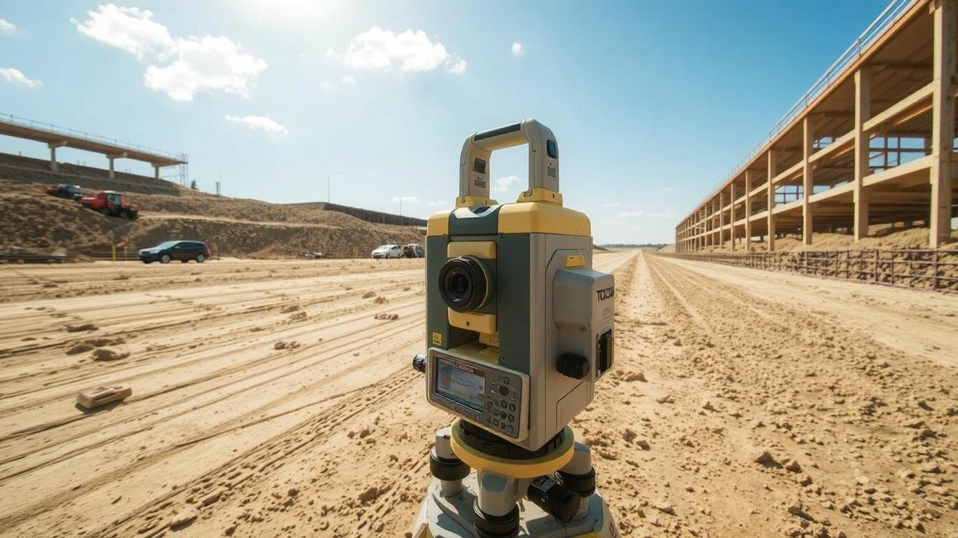 The advanced Topcon RL-100 2S on a large construction site with a rotating beam creating precise slope angles for road grading under a sunny sky.