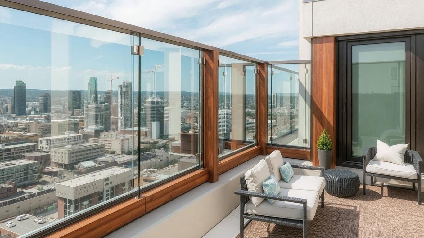 A stunning mixed-material railing combining glass panels with wooden frames and stainless-steel accents. The balcony overlooks a city skyline, with a modern outdoor lounge setup.