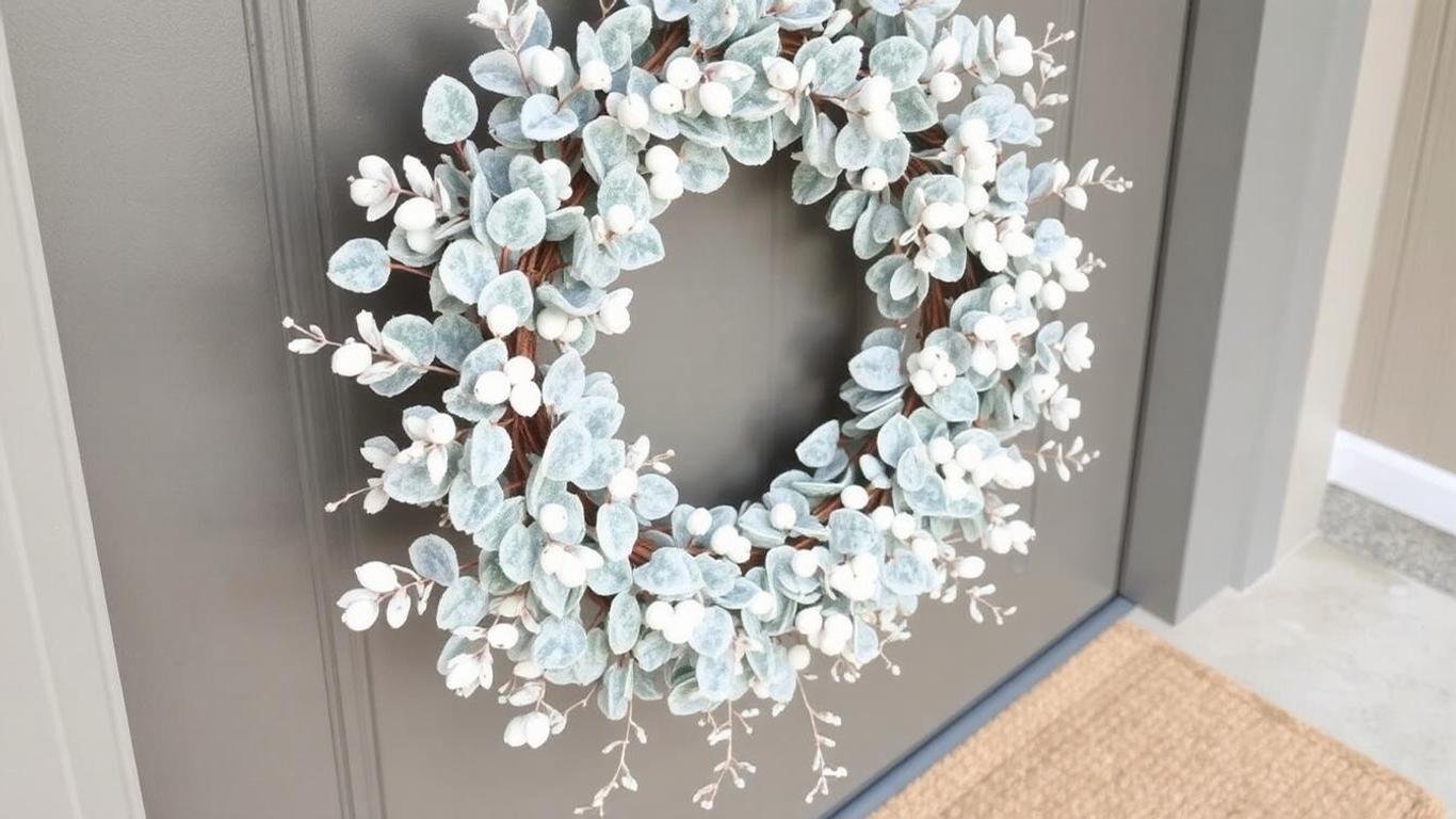 A frosted eucalyptus wreath with delicate white berries, featuring a minimalist design. It hangs on a modern, neutral-colored door, paired with a matching beige doormat for a cohesive winter look.