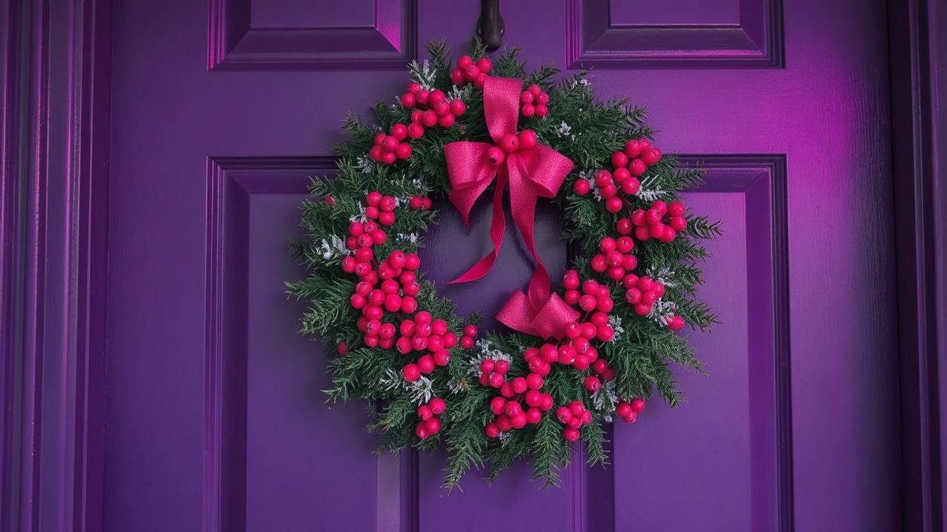 A vibrant wreath adorned with bold red berries and frosted greenery, providing a pop of color. It hangs on a bold-colored front door, creating a striking contrast perfect for winter decor.