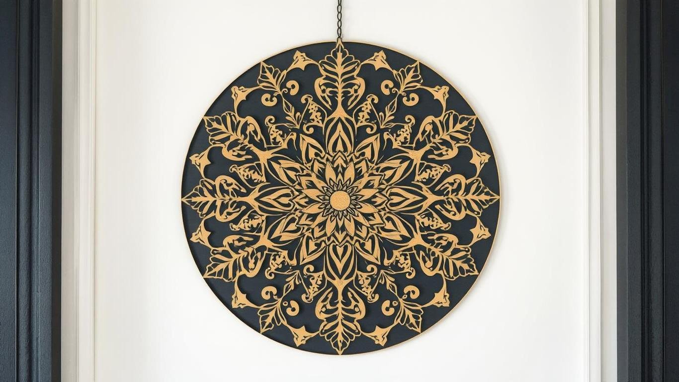 An ornate round mandala design crafted from laser-cut metal. The pattern includes intricate floral and symmetrical details in a polished gold finish, placed on a dark navy or charcoal background to enhance its luxurious appearance.