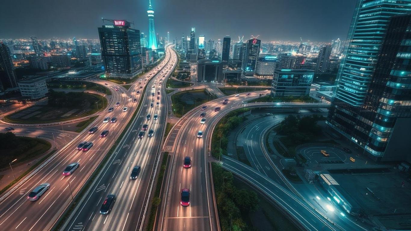 A futuristic aerial view of a bustling smart city with interconnected roads, autonomous vehicles, and glowing IoT sensors visible on streetlights and buildings, representing advanced traffic management technology. The skyline is illuminated with vibrant hues of blue and green, symbolizing innovation and sustainability.