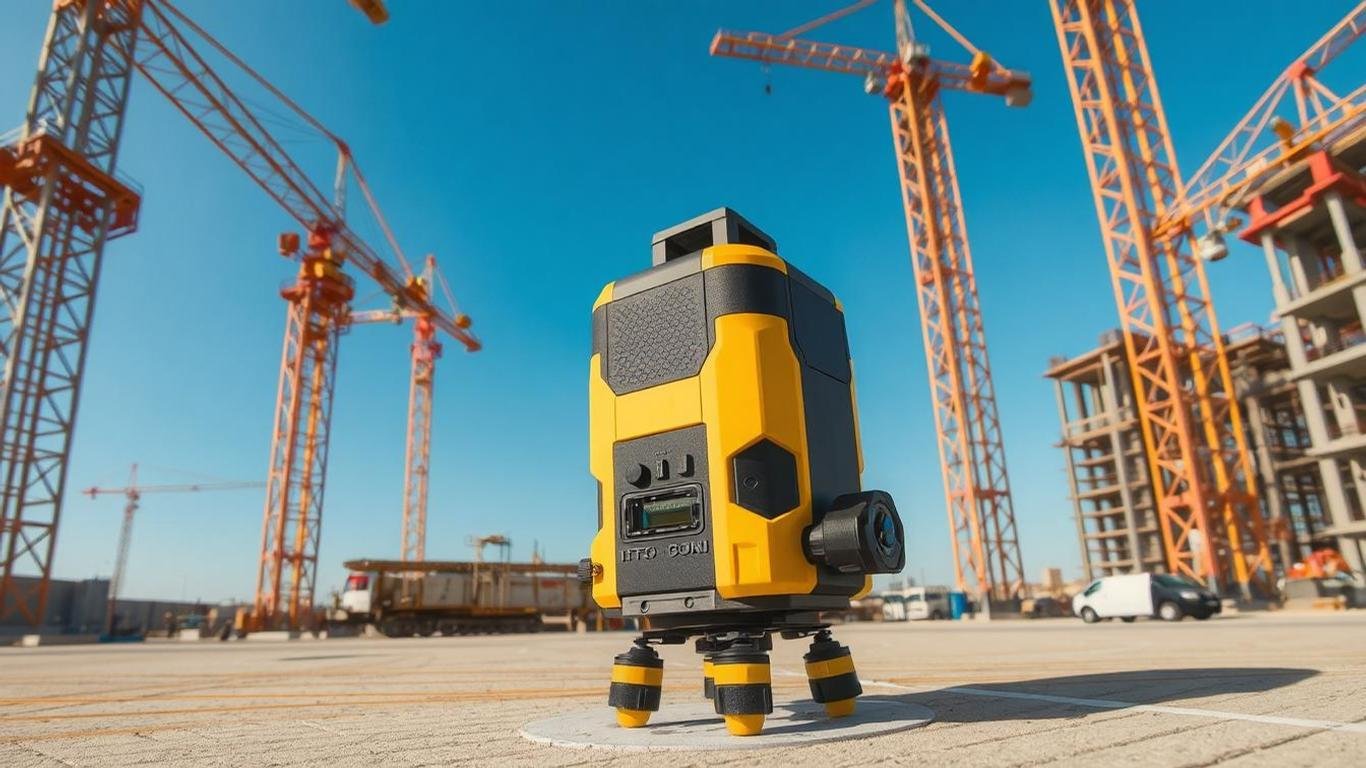 A sleek Topcon RL-H5A laser level on a construction site, surrounded by towering cranes and precise markings on the ground, glowing with its vibrant beam under a bright blue sky.