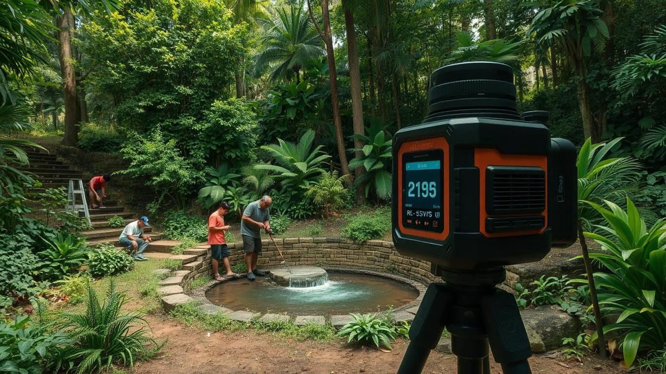 The RL-SV1S laser on a compact tripod, set up for a landscaping project with lush greenery in the background and workers designing a retaining wall.