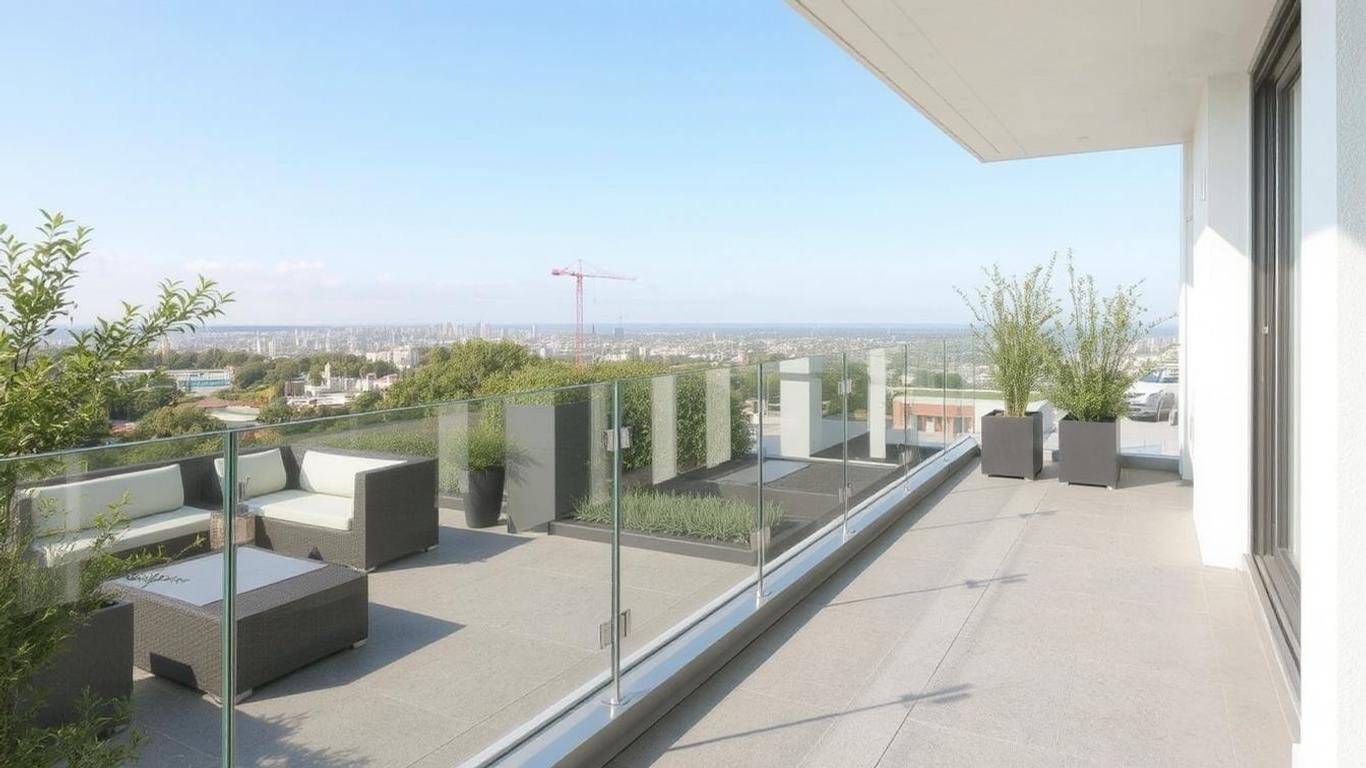 An open balcony featuring frameless glass railings, seamlessly blending with the horizon. The railing panels are crystal-clear, bordered by a sleek stainless-steel base. The scene includes a modern outdoor lounge setup with greenery and cityscape in the background.