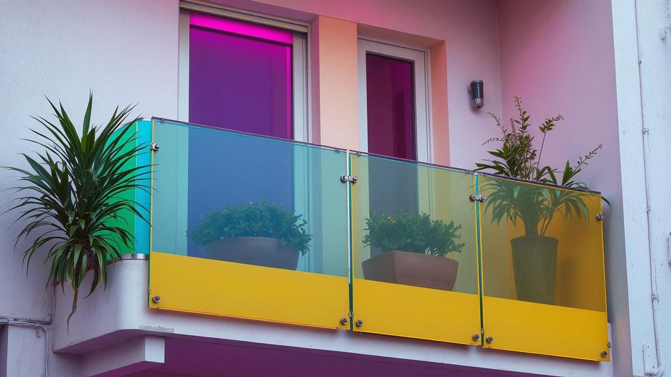 A vibrant balcony railing made of frosted acrylic panels in shades of blue, green, and yellow. The design adds a playful touch to a modern building façade, with cheerful outdoor decor and plants.