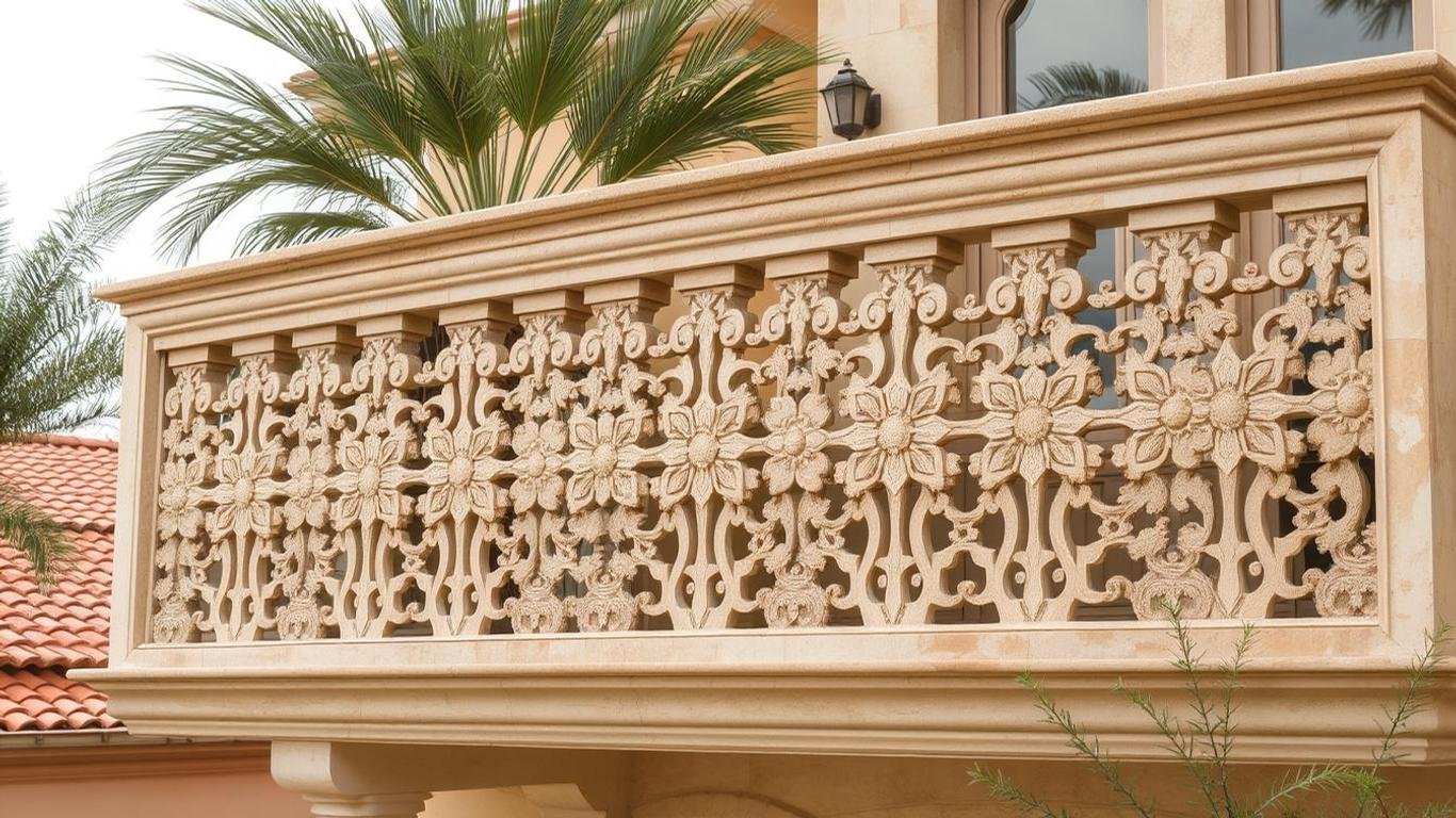 A luxurious balcony railing made from smooth-cut stone panels, intricately carved with geometric designs. The setting includes Mediterranean-style architecture with terracotta tiles and greenery.