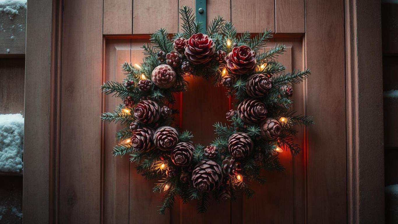 A rustic winter wreath made of realistic pinecones and evergreen branches. The wreath is illuminated by warm fairy lights and displayed on a farmhouse-style wooden door with soft winter lighting."