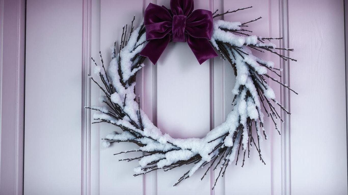 A minimalist snowy twig wreath dusted with artificial snow, featuring a simple, understated design. It hangs on a Scandinavian-style pale wooden door, accented with a luxurious velvet ribbon.