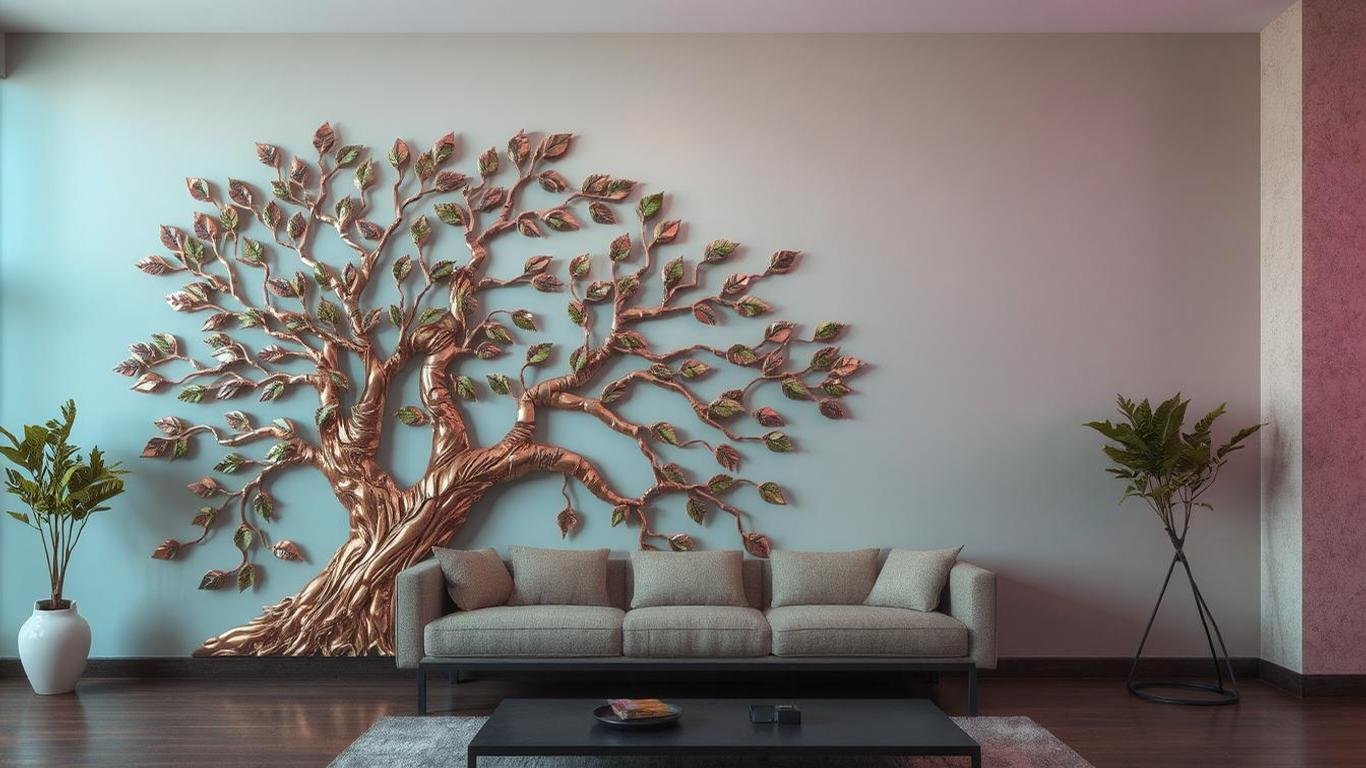 A large metal wall art panel showcasing a beautiful tree with intricate branches and leaves. The design is crafted with a mix of bronze and green hues to give a natural, rustic feel. The backdrop is a serene sky blue or earthy beige wall for a calming effect.