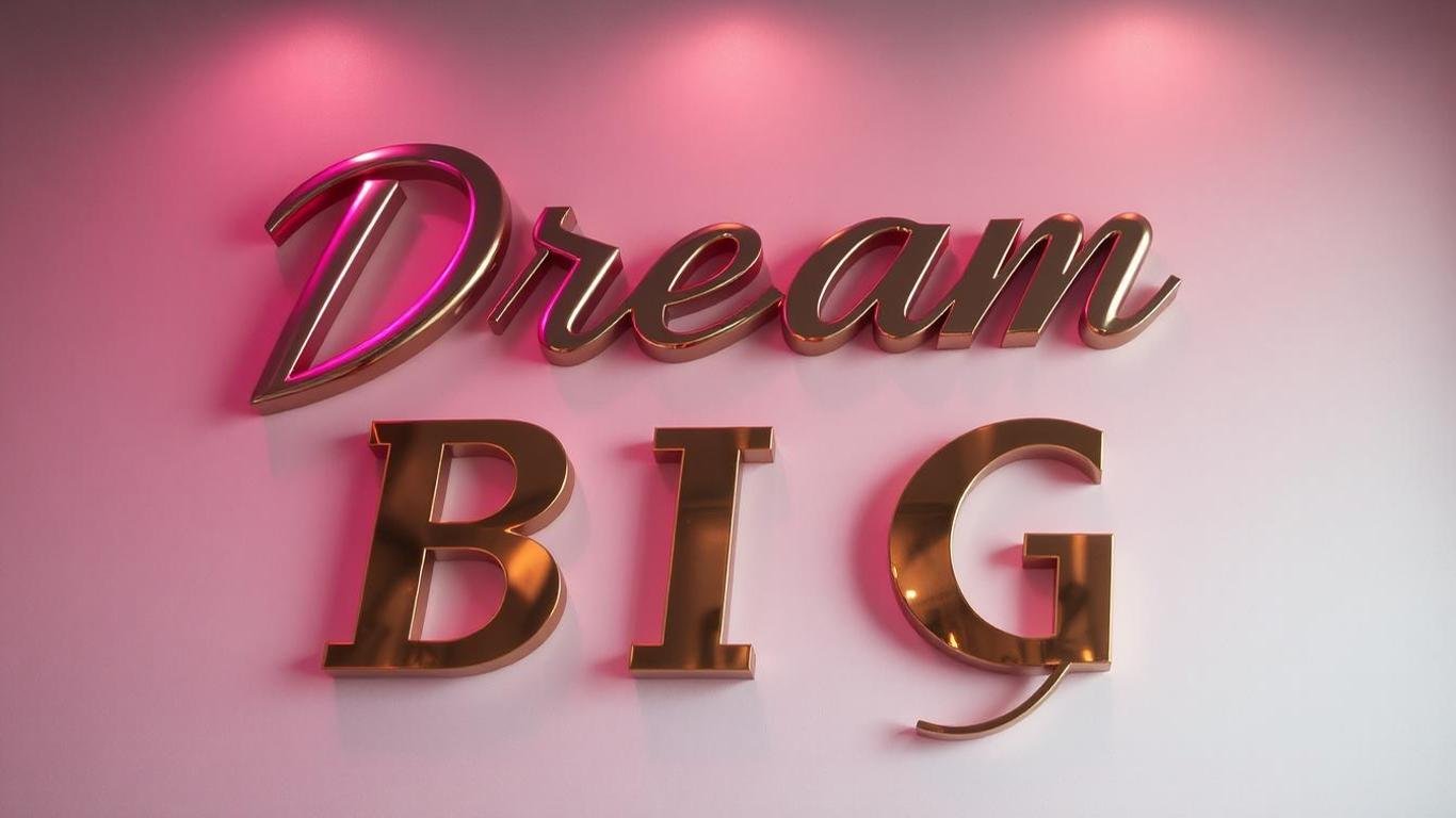 A bold and uplifting metal wall quote, such as 'Dream Big,' written in cursive script with a polished gold finish. The decor is mounted on a neutral-toned wall with soft lighting to highlight the shiny metallic letters.