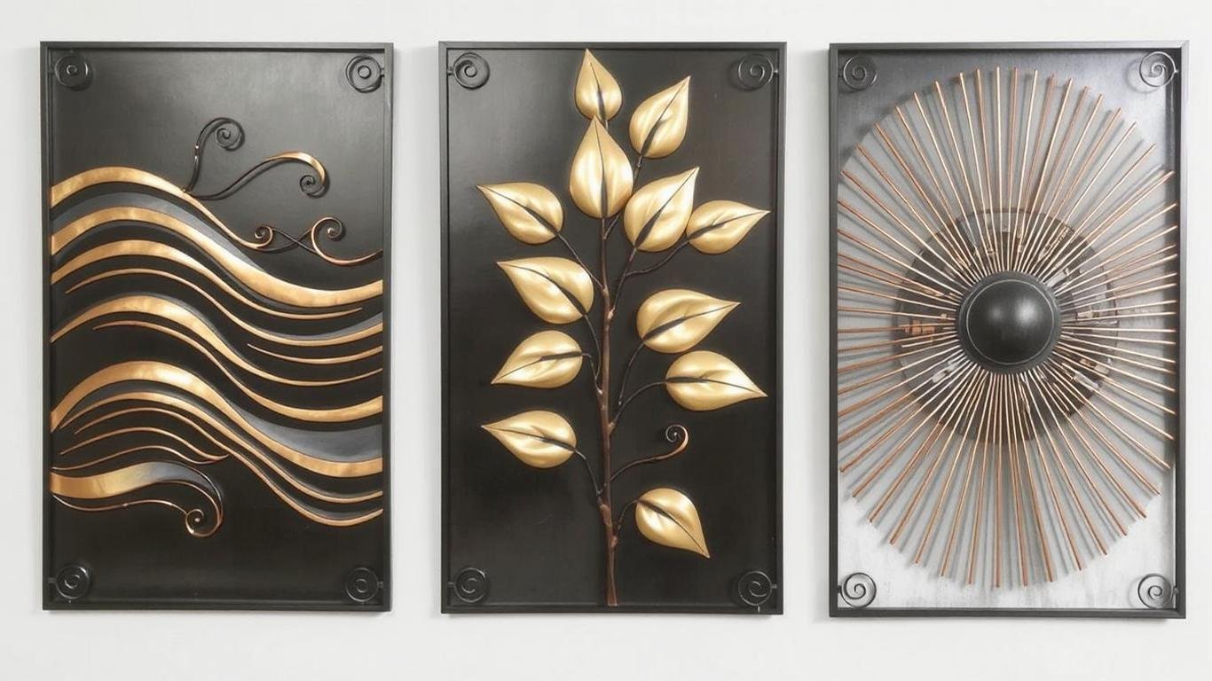 A set of three metal wall panels, each showcasing a unique design. The first panel features flowing waves, the second a cluster of leaves, and the third an abstract sunburst. The panels are finished in a combination of matte black and metallic gold for an elegant, coordinated look.