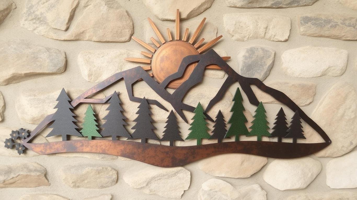 A captivating outdoor-themed metal wall art piece featuring mountain silhouettes and a rising sun. The design incorporates rustic tones of bronze and charcoal with subtle green accents for trees, displayed against a stone or wooden wall backdrop.