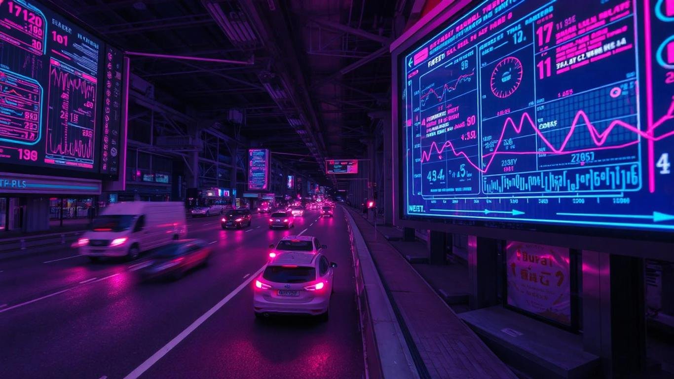 An artistic visualization of AI and IoT at work in traffic management. Show AI algorithms analyzing traffic patterns on a digital screen while IoT sensors relay data from vehicles and roads in real-time.