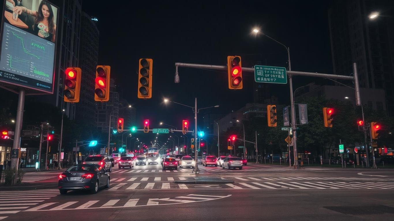 A dynamic image of a busy intersection at night with adaptive traffic lights changing based on real-time traffic density. Include details like sensors embedded in the road and a digital dashboard monitoring traffic patterns.