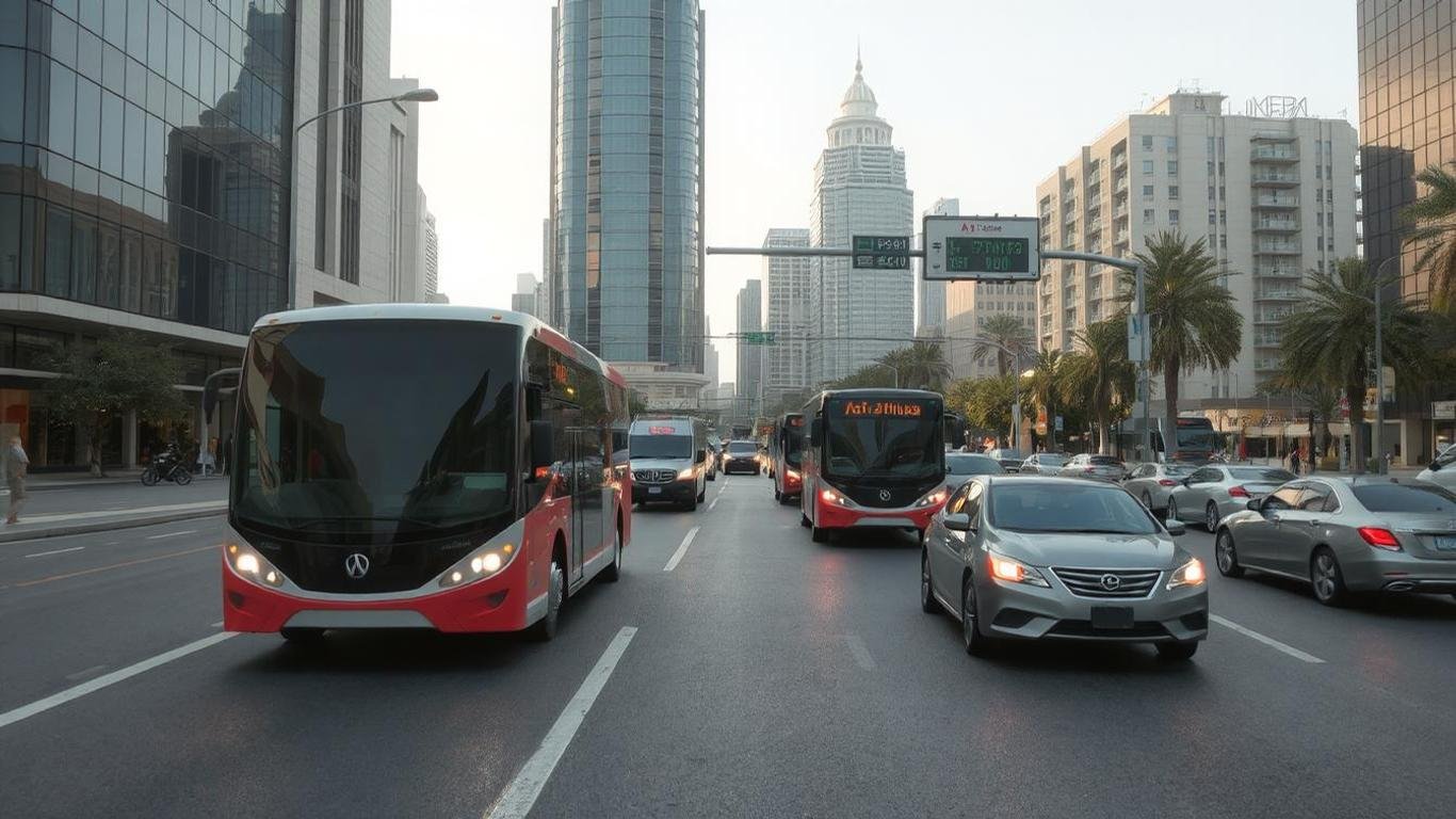 A futuristic cityscape featuring autonomous cars and buses navigating seamlessly through traffic. Include a visible AI traffic control system monitoring vehicle movements in the background.