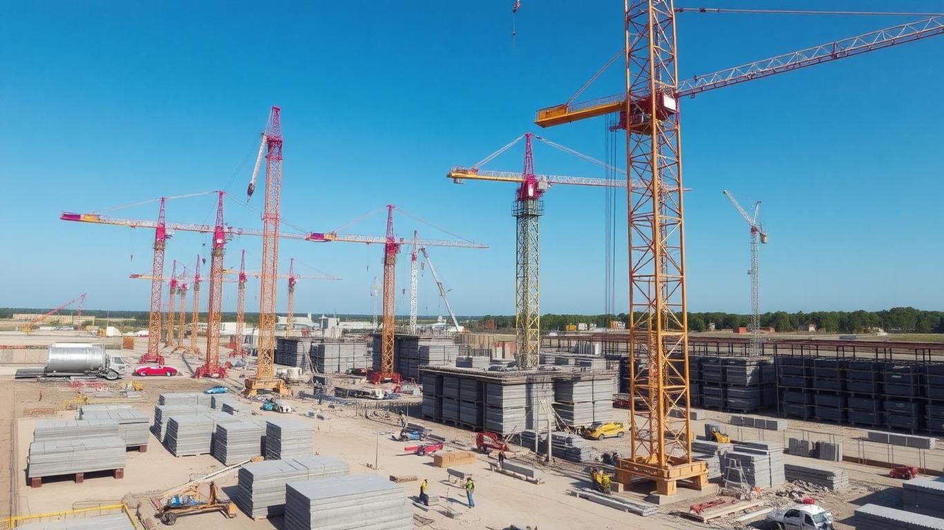 An aerial view of a bustling construction site in the Southeast USA featuring large cranes, stacks of precast concrete slabs, and workers in safety gear under a bright blue sky.