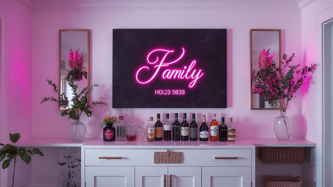 An elegant home bar area in a bright, modern farmhouse interior, featuring a personalized canvas with a monogrammed family name in clean script. The artwork is mounted above a sleek white bar cabinet with decorative greenery, crystal decanters, and a chic woven basket for storage.