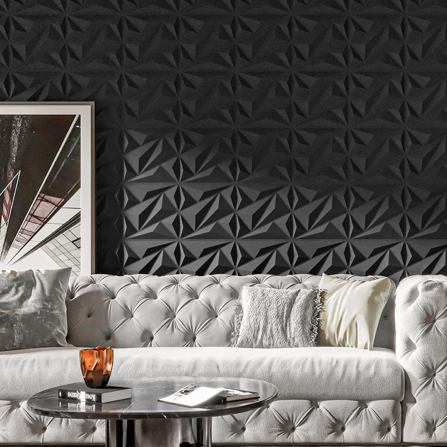 1. Art3dwallpanels 33 Pack 3D Wall Panel Diamond (PVC) Brief Description The Art3dwallpanels 33 Pack 3D Wall Panel Diamond is a premium decorative wall solution designed to add depth and texture to any interior space. Made from high-quality PVC, these lightweight panels feature a raised diamond pattern that enhances modern and contemporary décor. Their waterproof and fire-resistant properties make them durable, while the easy DIY installation ensures a hassle-free upgrade for any living room. Key Features Material: High-quality PVC Size: 12" × 12" (Each panel) Thickness: 0.24 inches Coverage: 32 sq. ft. per pack (33 tiles) Design: 3D raised diamond texture Durability: Waterproof, fire-resistant, and lightweight Installation: DIY-friendly, no specialized skills required Pros & Cons Pros Cons Eye-catching 3D diamond design enhances aesthetics Requires adhesive for installation, not peel-and-stick Lightweight and easy to handle Can be difficult to cut precisely for corners Waterproof and fire-resistant for long-term durability Black color may not suit all décor styles Suitable for multiple applications beyond the living room May require additional sealing for bathroom use Best Use Cases Modern Living Rooms – Adds depth and texture to contemporary interiors Feature Walls – Ideal for accent walls in homes or commercial spaces Bedrooms & Game Rooms – Enhances ambiance with a stylish 3D effect Ceilings & Mancaves – Creates a sophisticated, high-end look