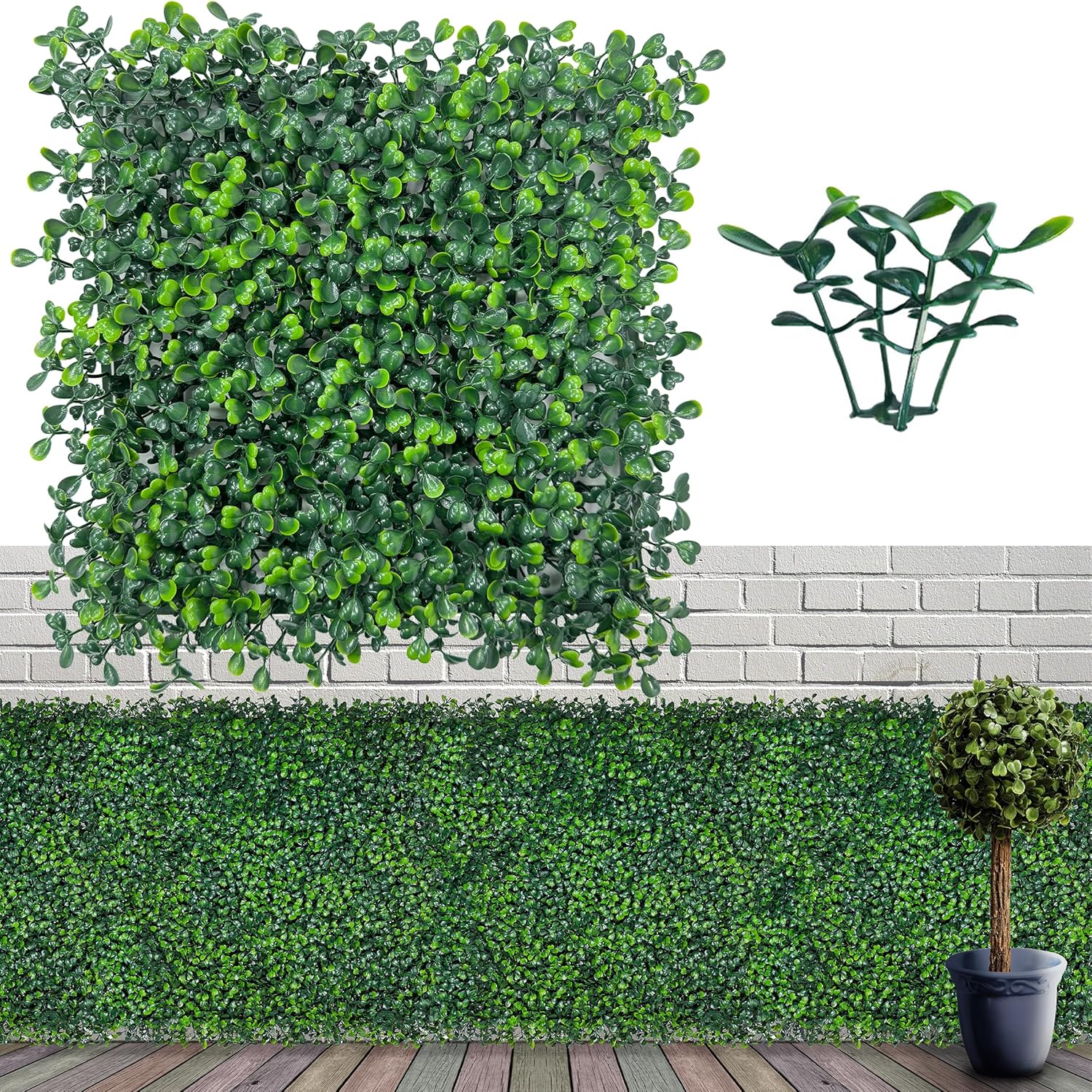 4. ODTORY Artificial Grass Wall Panel Brief Description The ODTORY Artificial Grass Wall Panel is a UV-resistant, high-density greenery panel designed to enhance privacy and aesthetics for both indoor and outdoor spaces. Each set includes 12 panels (10” × 10” each), covering 8.4 square feet. These faux boxwood hedge panels provide a realistic 3D effect with 100 lush leaves per panel. Perfect for walls, fences, backdrops, patios, gardens, and events like weddings and parties. 👉 Get it on Amazon: ODTORY Artificial Grass Wall Panel Key Features Material: UV-resistant plastic (prevents fading for up to 3 years) Size: 10" × 10" panels (12-pack covers 8.4 sq ft) Density: 100 leaves per panel for a lush, full look Application: Flexible installation with included 50 cable ties Weatherproof & Low Maintenance: Resistant to sunlight, rain, and wind Pros & Cons Pros Cons UV-resistant & weatherproof May arrive slightly flattened (can be restored with sunlight) Dense and realistic 3D foliage Requires manual fluffing for best appearance Lightweight & easy to install Limited size—may need multiple sets for larger areas Multi-use for privacy & decor Some users prefer additional reinforcement for long-term outdoor use No odor & eco-friendly material Higher cost compared to natural ivy, but longer-lasting Best Use Cases Privacy Fence Covering – Shields balconies, patios, and outdoor fences Interior Green Wall Decor – Enhances TV walls, offices, and indoor settings Event & Party Backdrops – Ideal for weddings, Christmas, and photoshoots Garden & Patio Enhancement – Adds lush greenery to any space Installation Tip: If the panels look flat on arrival, place them in sunlight for 1-3 hours to regain their full shape. You can also fluff the leaves by hand.