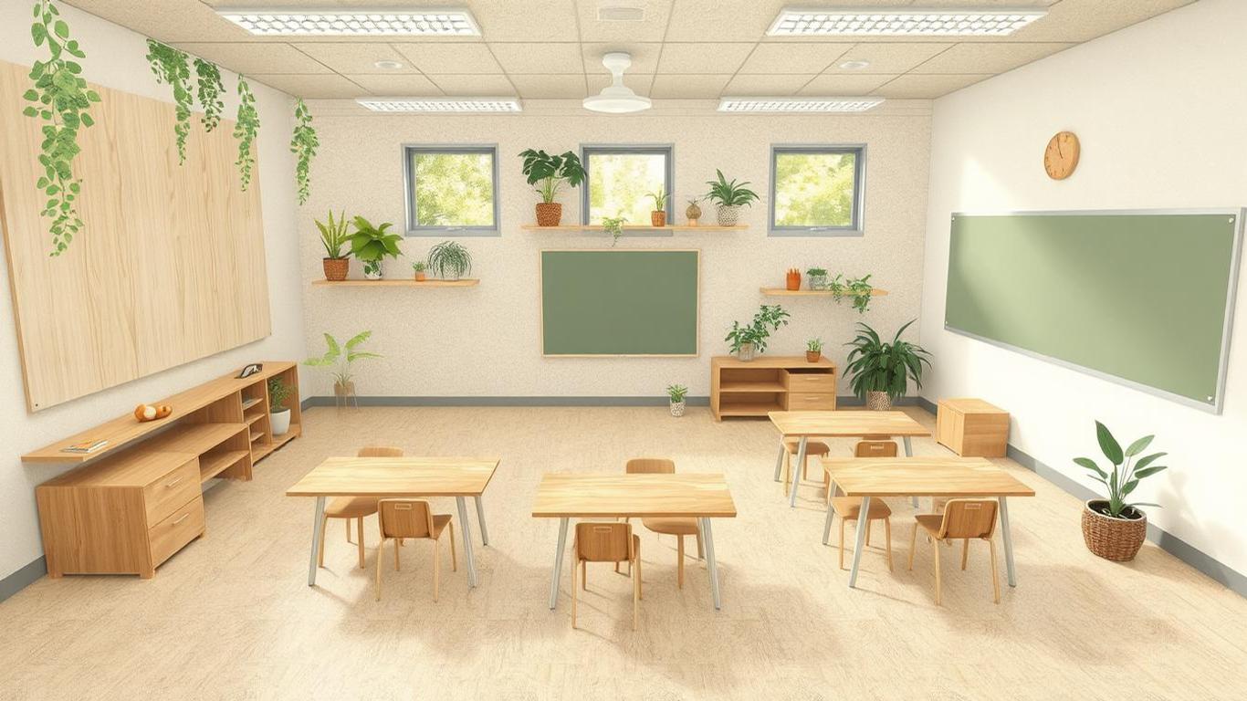 Classroom Modern Biophilic Design || A biophilic classroom design layout featuring organic shapes in furniture, with soft-edged tables and chairs, natural wood finishes, and a variety of textures. The design includes illustrations of windows and plant placements.