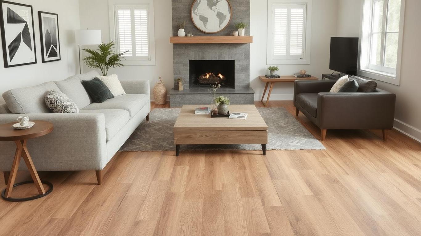 A cozy living room featuring luxury vinyl plank flooring in a warm wood finish, complemented by modern furniture and soft lighting.