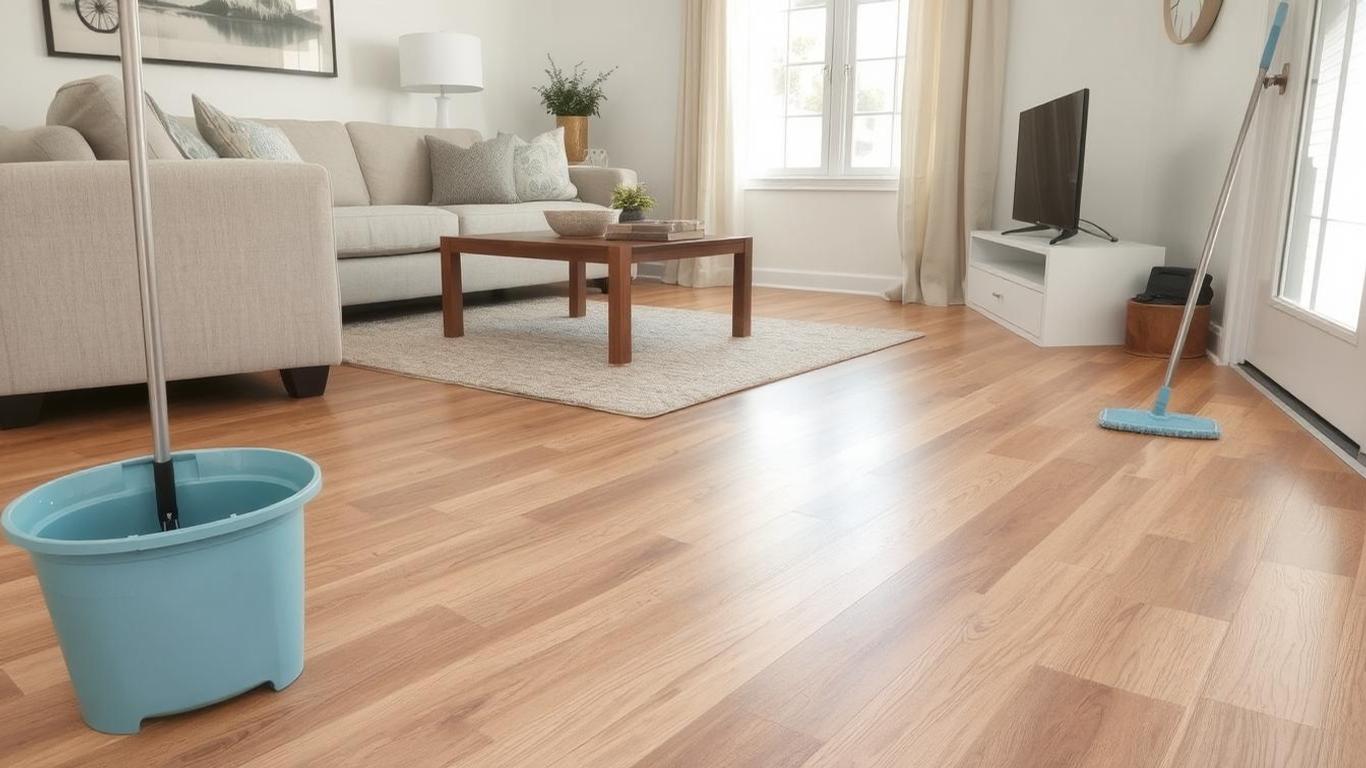 How to Clean Lifeproof Flooring: Expert Tips & Tricks || A cozy living room featuring luxury vinyl plank flooring with sparkling clean Lifeproof vinyl flooring in a warm wood finish, complemented by modern furniture and soft lighting , a mop and bucket neatly placed beside, reflecting a fresh and polished look.