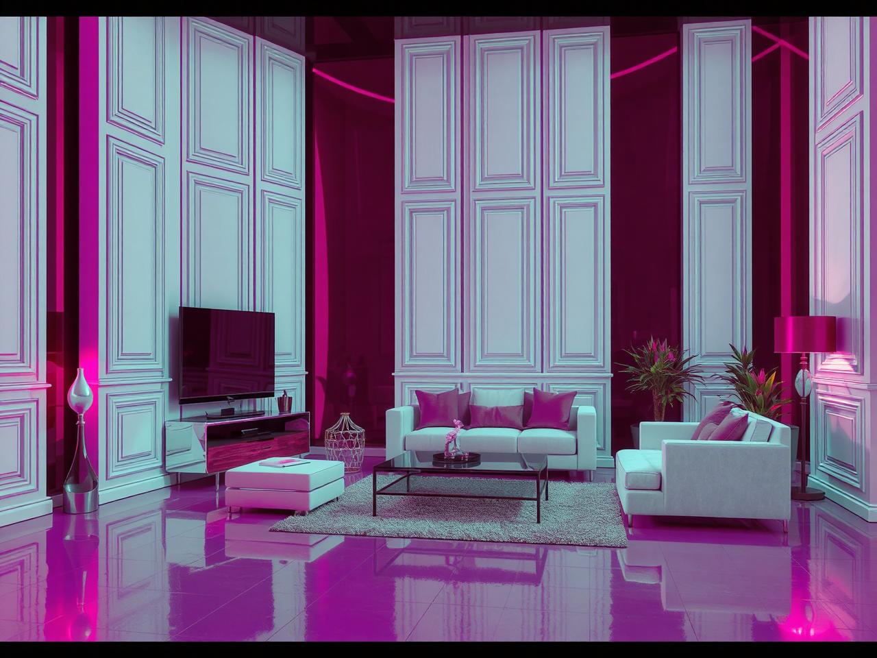 a high-resolution shot image of a well-styled living room with well-decorated uniformly wall panel surrounding the room with some furnishes in the room