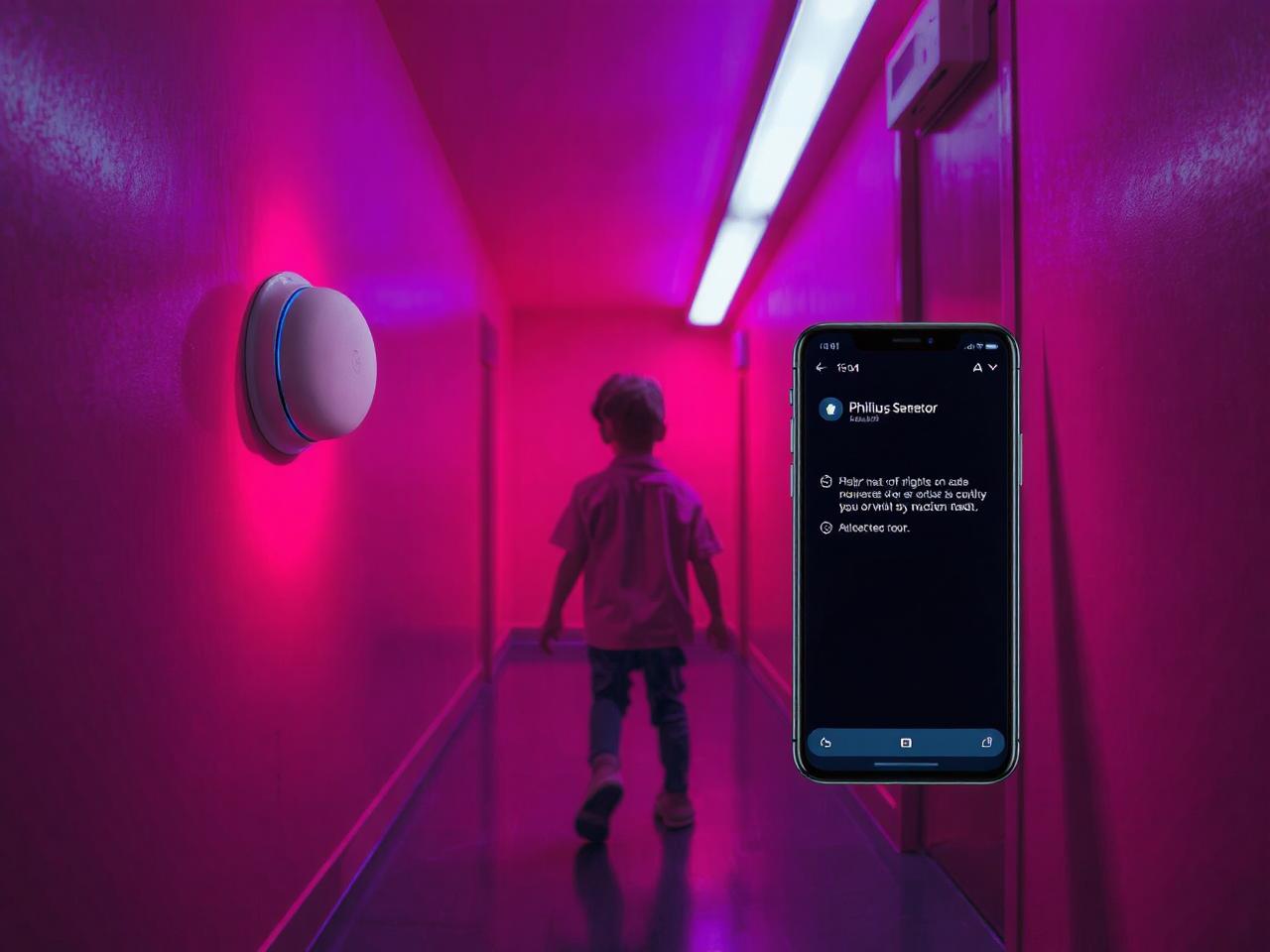 A Philips Hue Motion Sensor placed in a bright hallway, automatically turning on smart lights as a child walks by, preventing trips and falls. Another notification pops up on a smartphone, alerting parents of movement in a restricted area, ensuring child safety with seamless security integration.